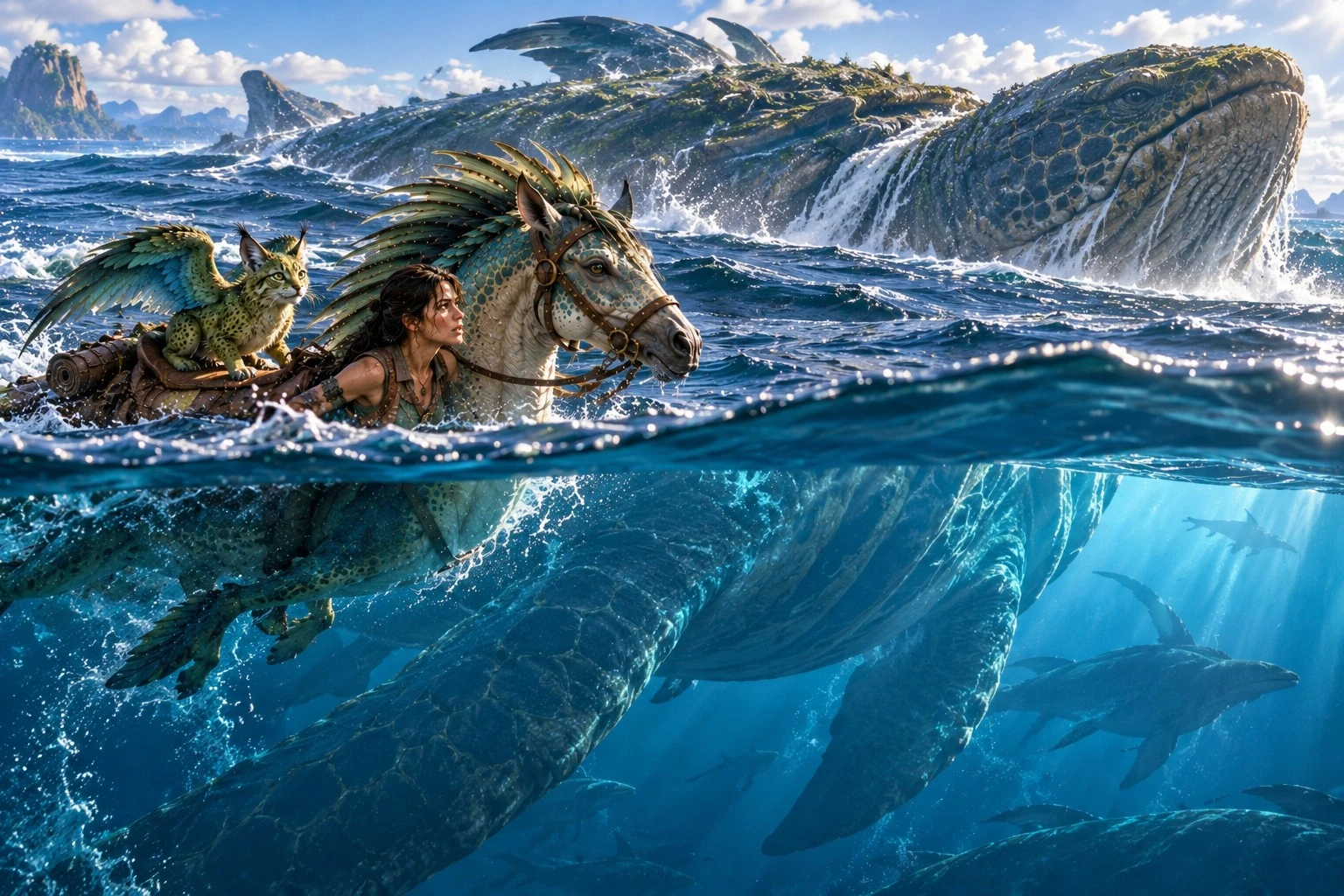 A traveler, feathered mount, and winged companion swim in clear blue water beside an enormous sea creature with a green ridged back.