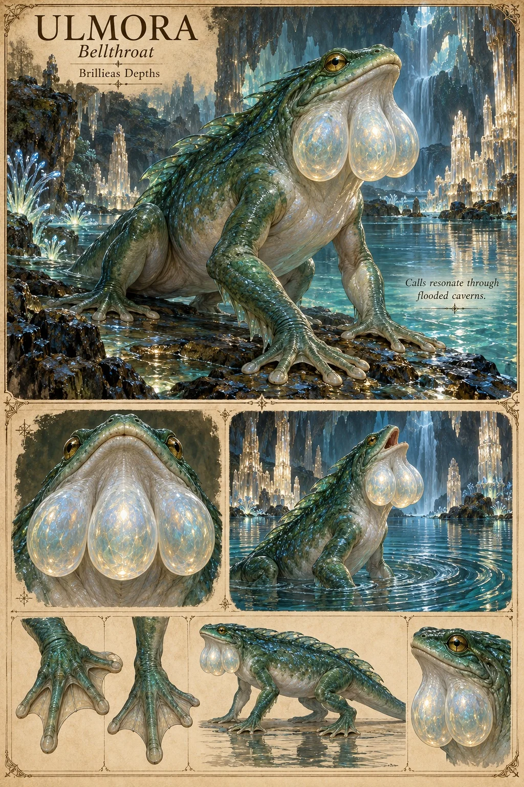 Ulmora, a large, green, frog-like amphibian of the Brillieas Depths with a spined back and three glowing, pearl-like throat sacs, crouches on dark rocks in a flooded crystal cavern. Studies show its throat sacs, the animal calling from the water, its webbed feet, a side view and its head. Its calls resonate through flooded caverns.