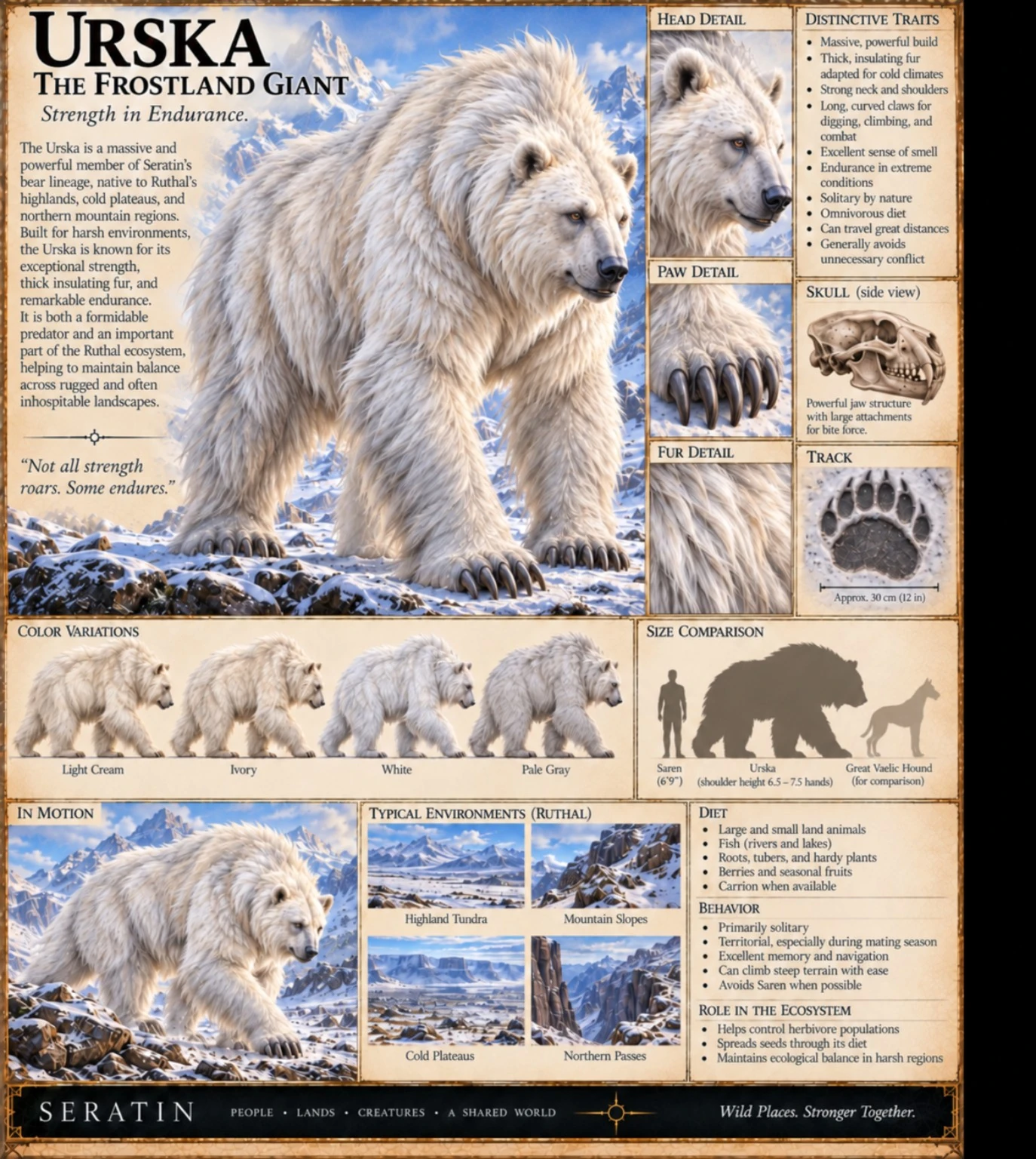 A white Urska with head, paw, skull, coat variation, habitat, and size comparison studies.