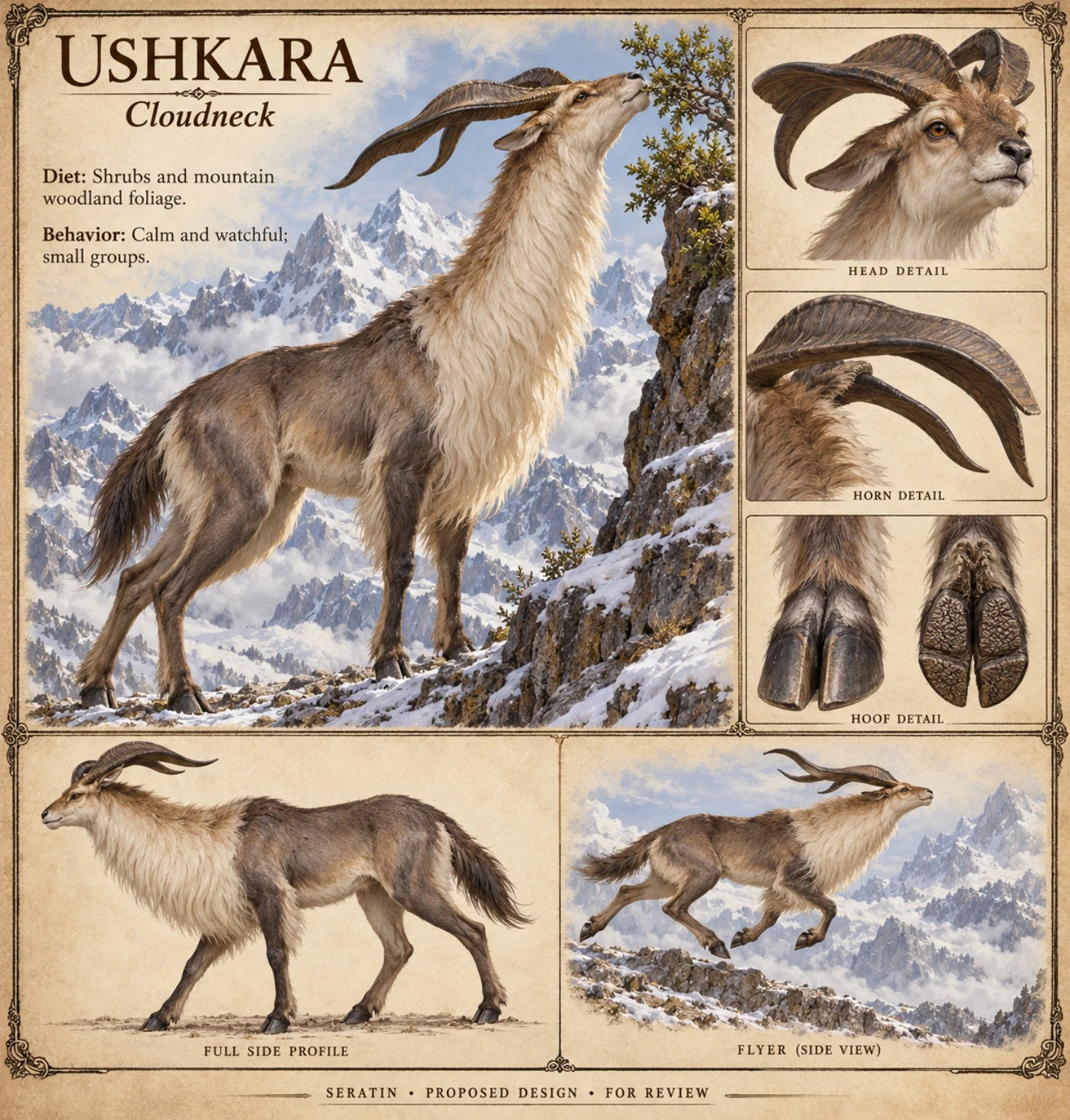 Fauna reference sheet showing Ushkara — Cloudneck with appearance and anatomical detail studies.
