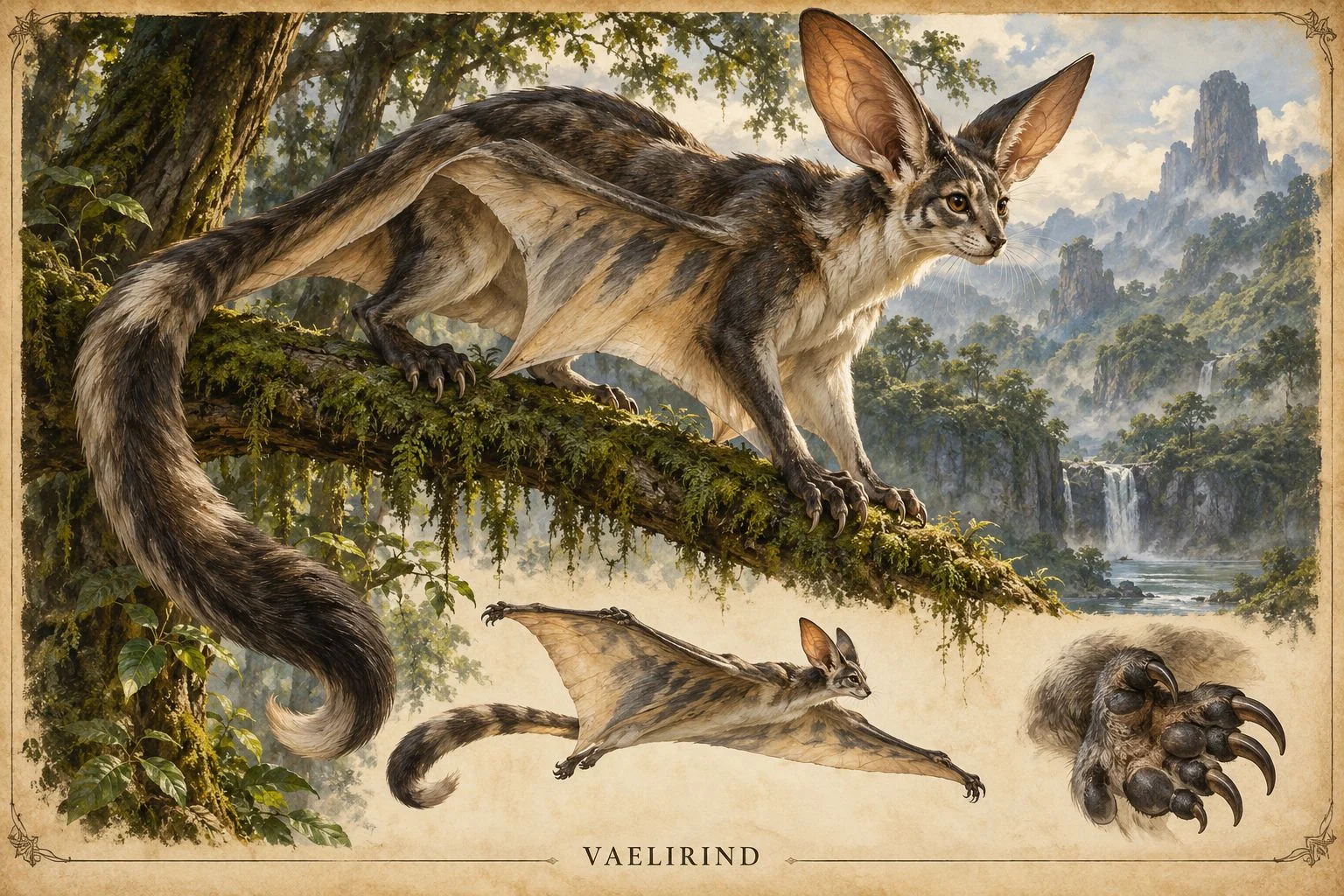 A creature reference plate shows a long-tailed animal perched on a mossy branch, with head and paw studies.