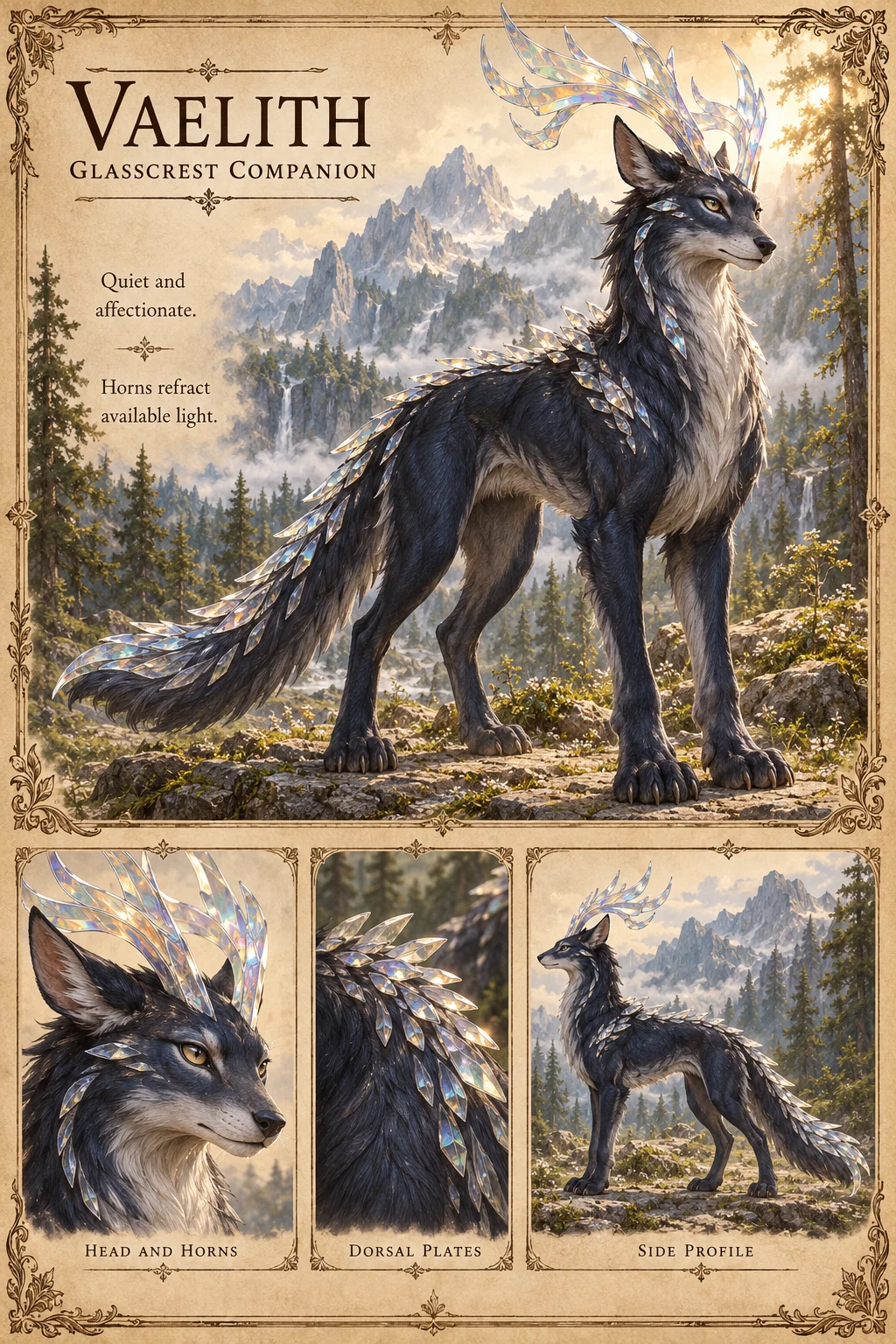 Vaelith, a dark-coated, wolf-like Glasscrest companion with crystalline antler-like horns and glassy dorsal plates, stands in a misty mountain forest, with head and horn, dorsal plate and side profile studies. Quiet and affectionate; its horns refract available light.