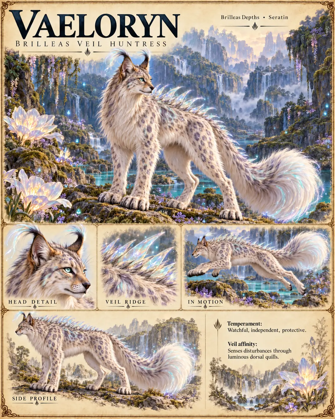 Vaeloryn, a pale, lilac-spotted, lynx-like huntress of the Brillieas Depths with tufted ears, green eyes, a long plumed tail and a ridge of iridescent glassy quills along her back, stands on a mossy rise above misty waterfalls and glowing flowers. Studies show her head, the quilled Veil ridge, the animal leaping in motion and a side profile. Watchful, independent and protective, she senses disturbances through her luminous dorsal quills.