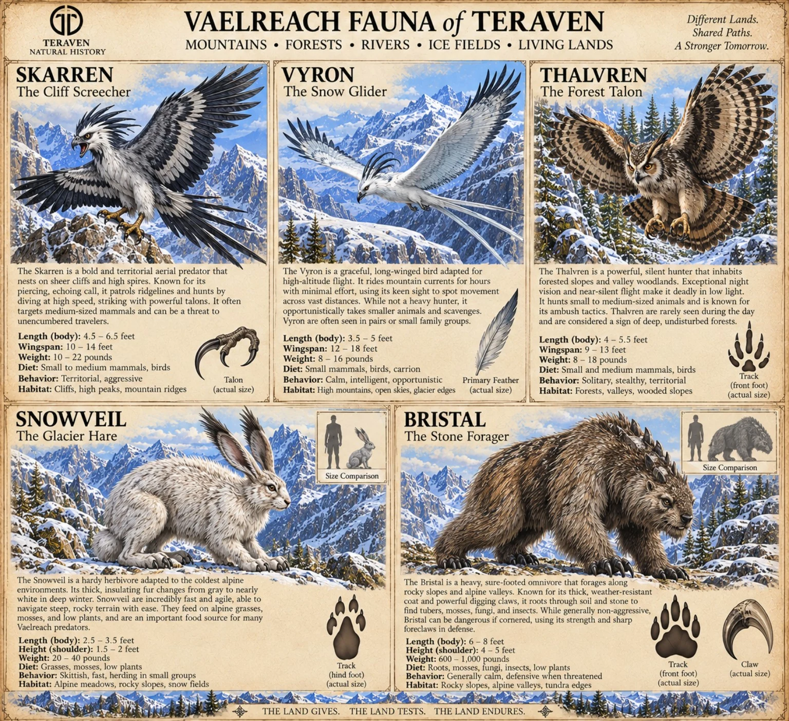 Vaelreach fauna reference sheet showing mountain birds, a pale snow-dwelling creature, and a horned grazer, with head and foot studies.