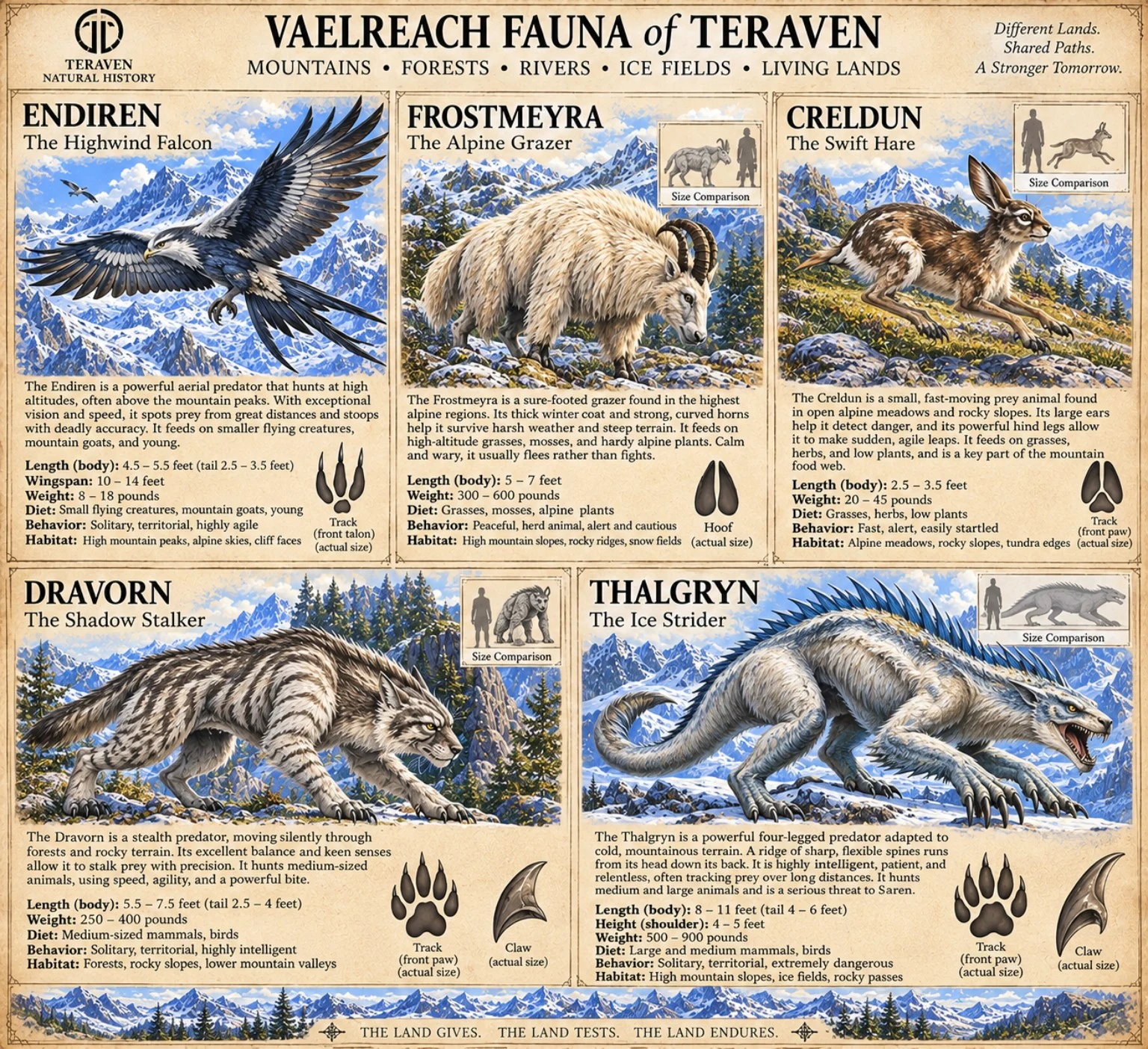 Vaelreach fauna reference sheet showing Endiren, Frostmeyra, Creldun, Dravorn, and Thalgryn in mountain habitats, with anatomy studies and descriptive notes.