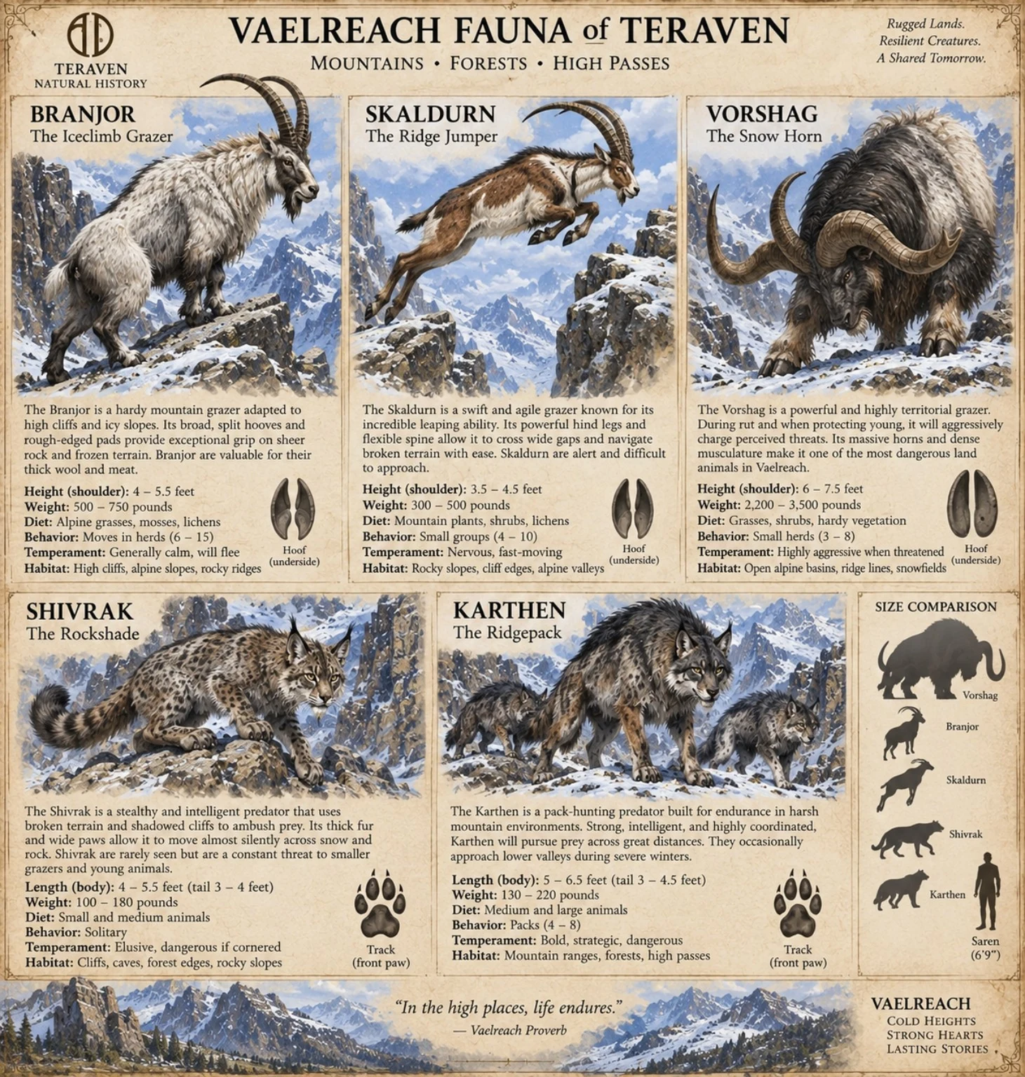 Vaelreach fauna reference sheet showing five mountain creatures, including a white grazer, a leaping predator, a horned animal, a spotted hunter, and a wolf-like creature.