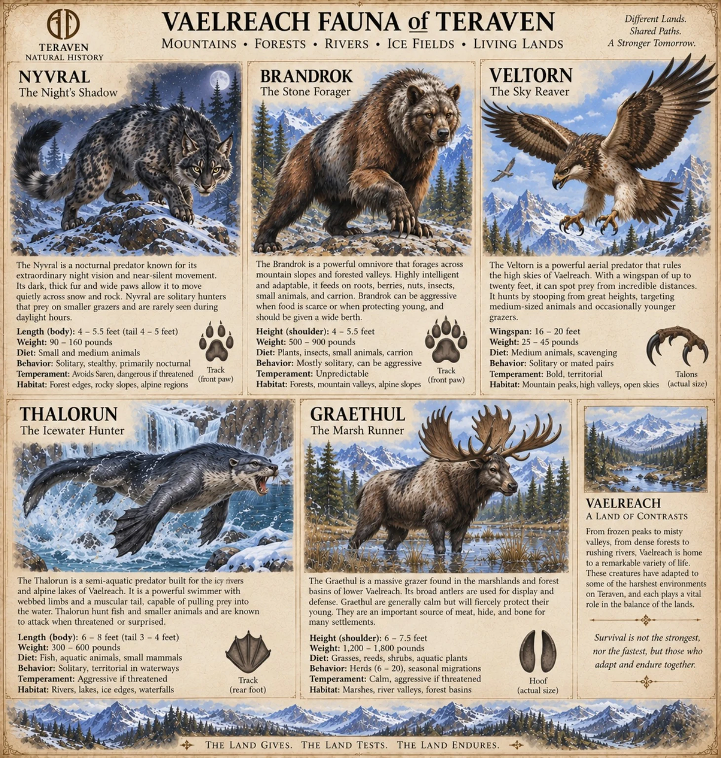Vaelreach fauna reference sheet showing Nyvral, Brandror, Veltorn, Thaloru, and Graethul in snowy mountain habitats, with head, foot, and scale studies.
