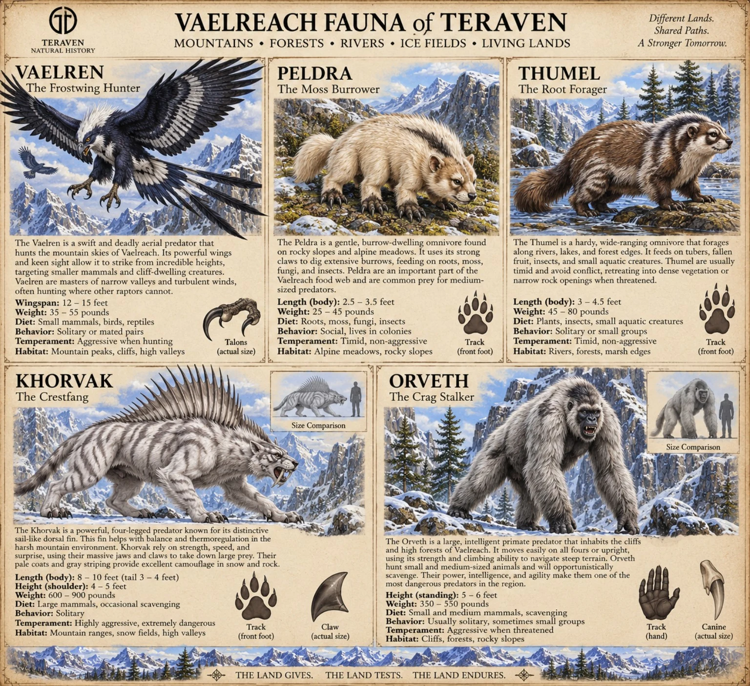 Vaelreach fauna reference sheet showing Vaelren, Peldra, Thumel, Khorvak, and Orveth in snowy mountain landscapes, with size and anatomy studies.