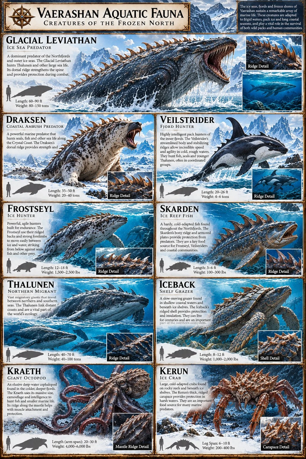 Reference sheet showing nine aquatic creatures of Vaerashan, including the Glacial Leviathan, with ridge and shell details and size comparisons.