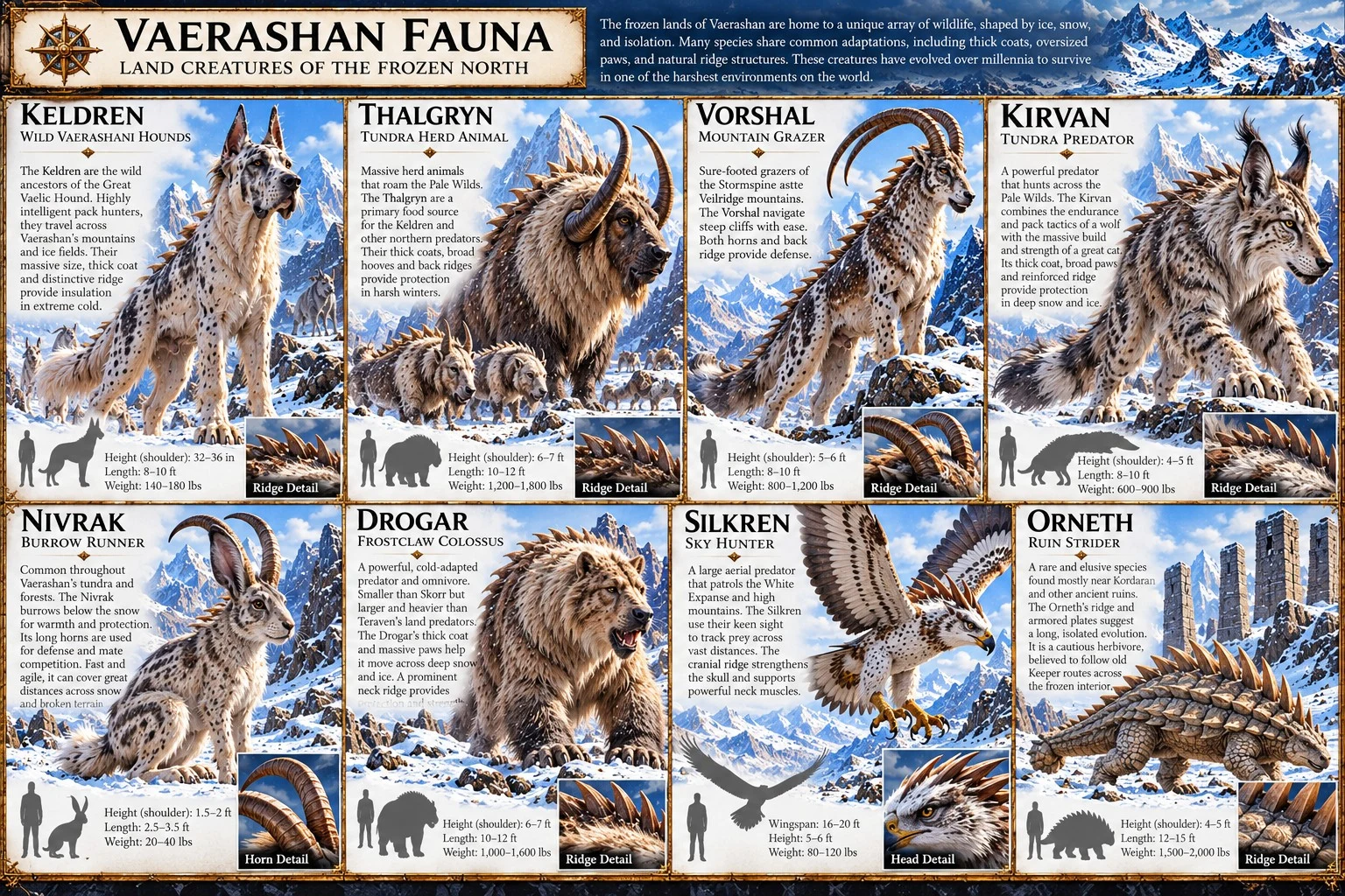 Reference sheet showing eight land creatures of Vaerashan, including Keldren, Thalgryn, and Vorshal, with anatomical details and size comparisons.
