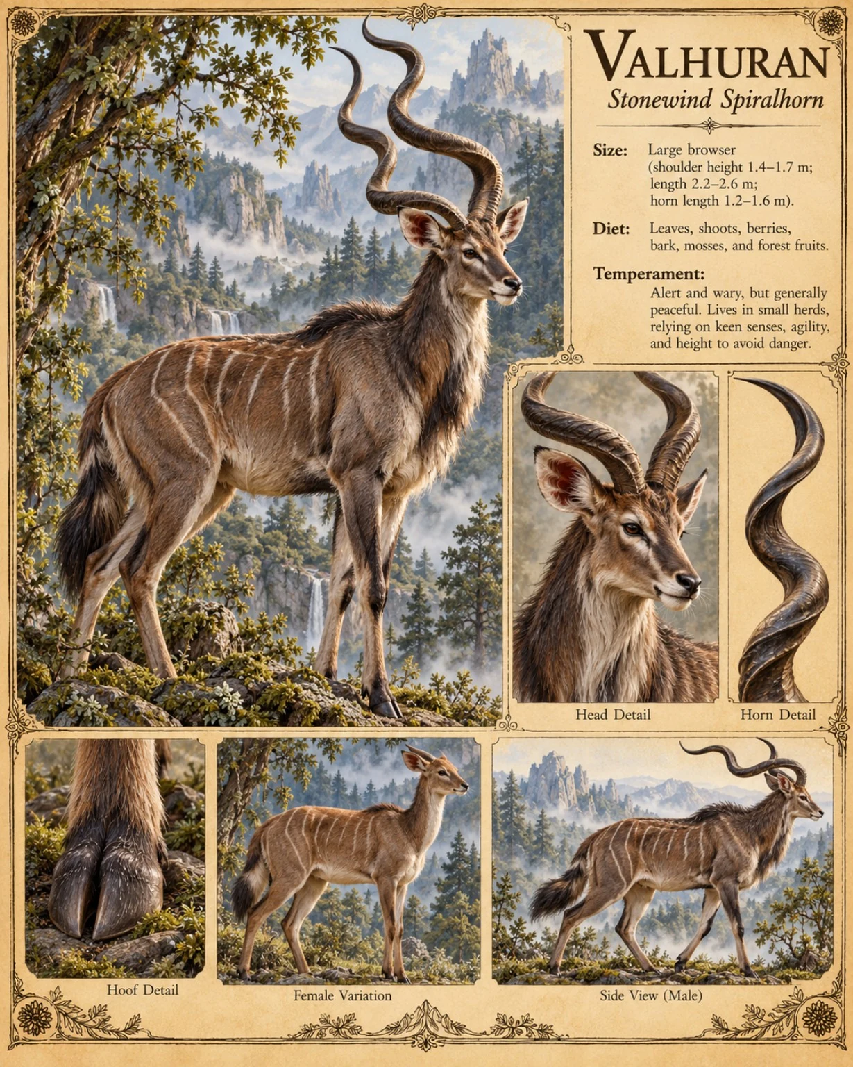 Reference plate showing the striped Valhuran with tall spiral horns in a mountain forest, with head, hoof, and young animal studies.