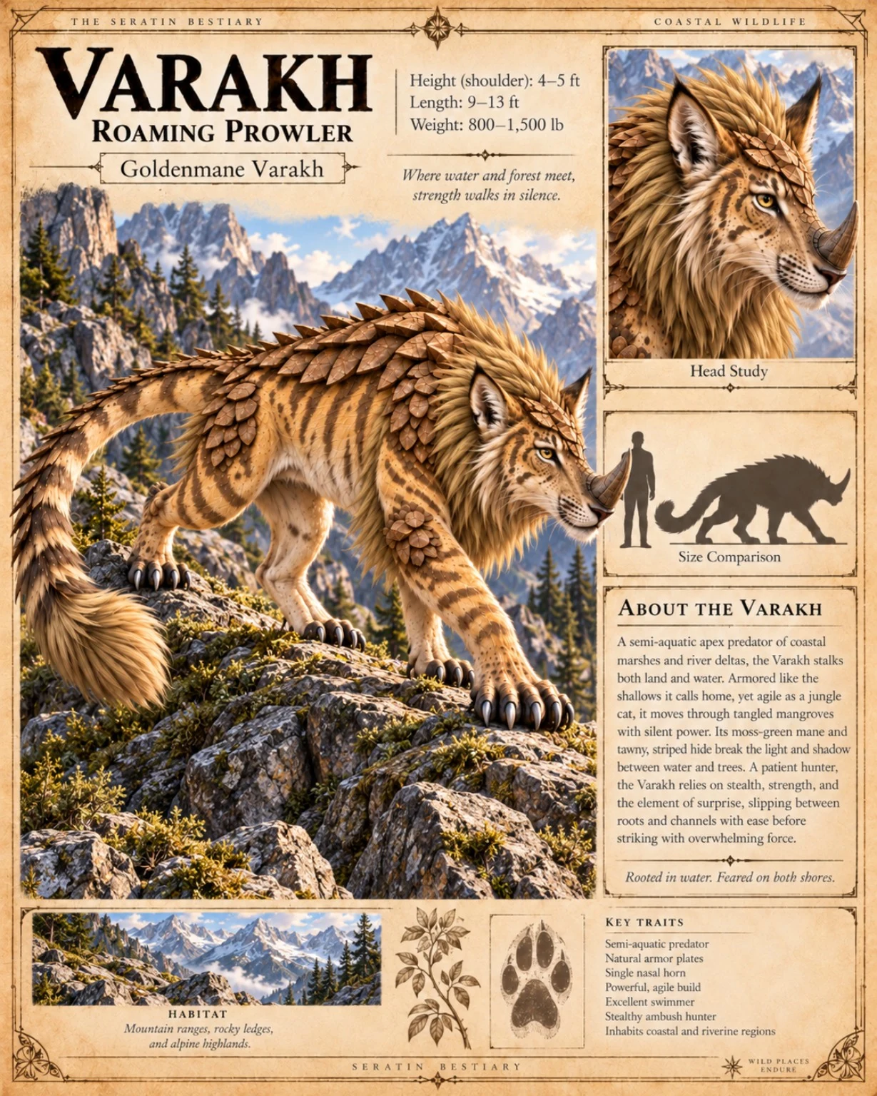 Fauna reference plate showing a golden, striped Varakh on a rocky grassland ledge, with a head study, size comparison, and habitat details.