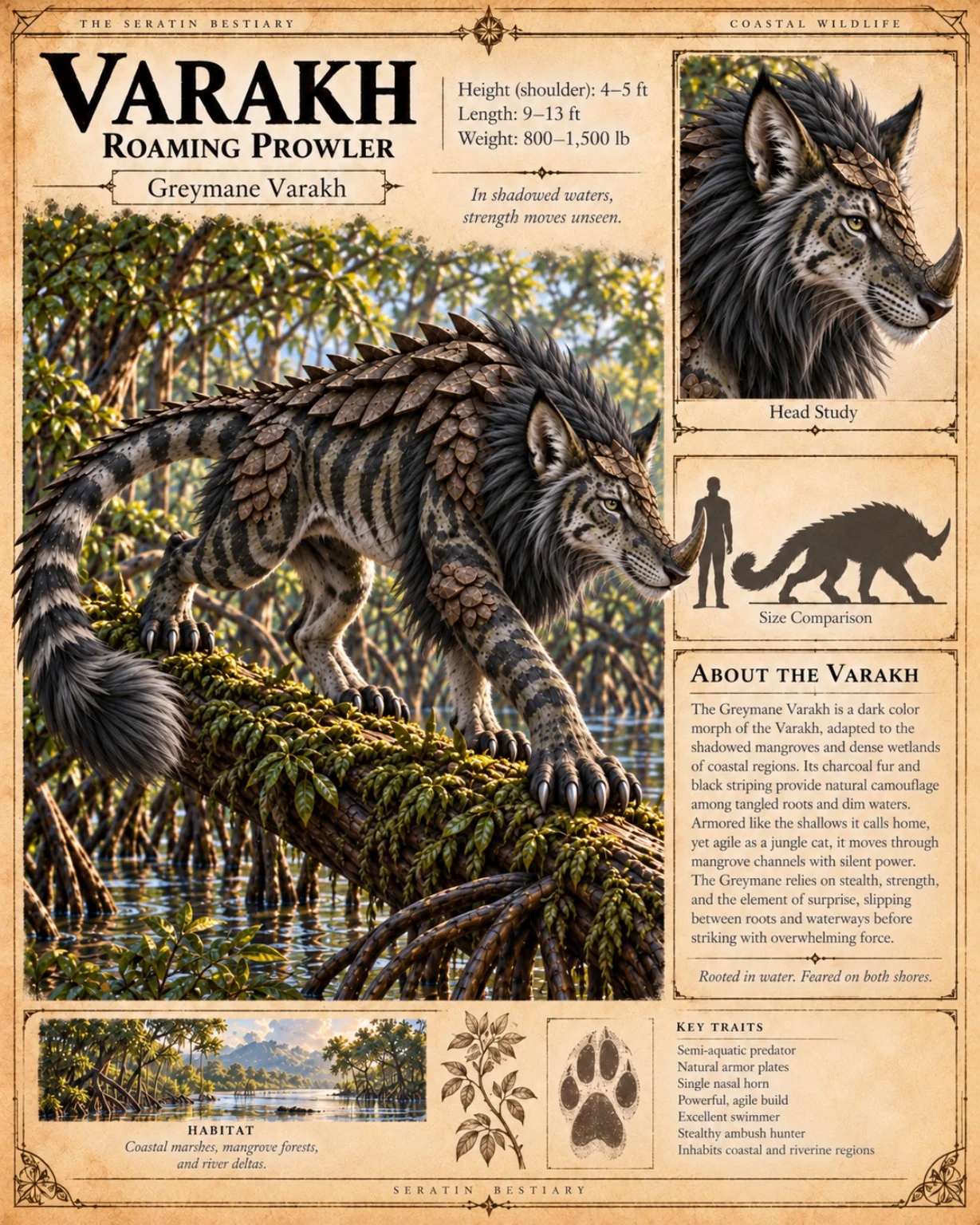 Fauna reference plate showing a gray, striped Varakh prowling along mossy forest branches, with a head study, size comparison, and habitat details.