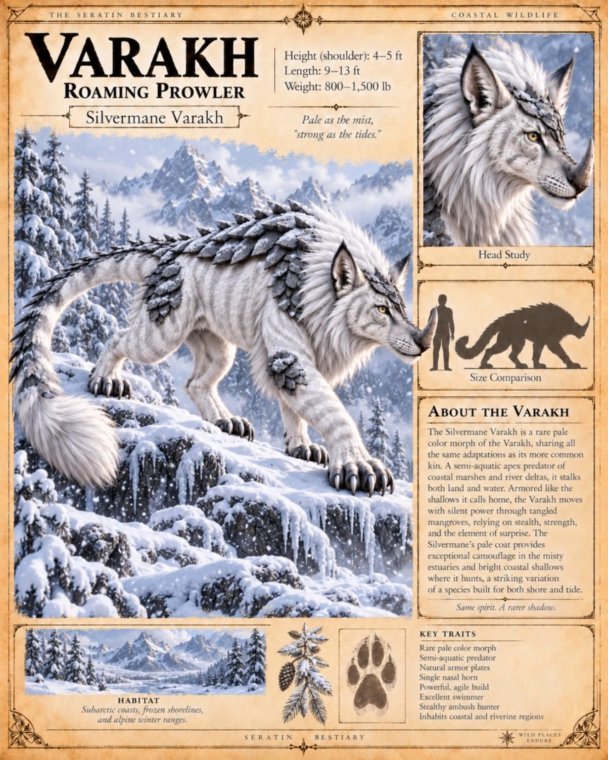 Fauna reference plate showing a pale, striped Varakh in snowy mountains, with a head study, size comparison, and habitat details.