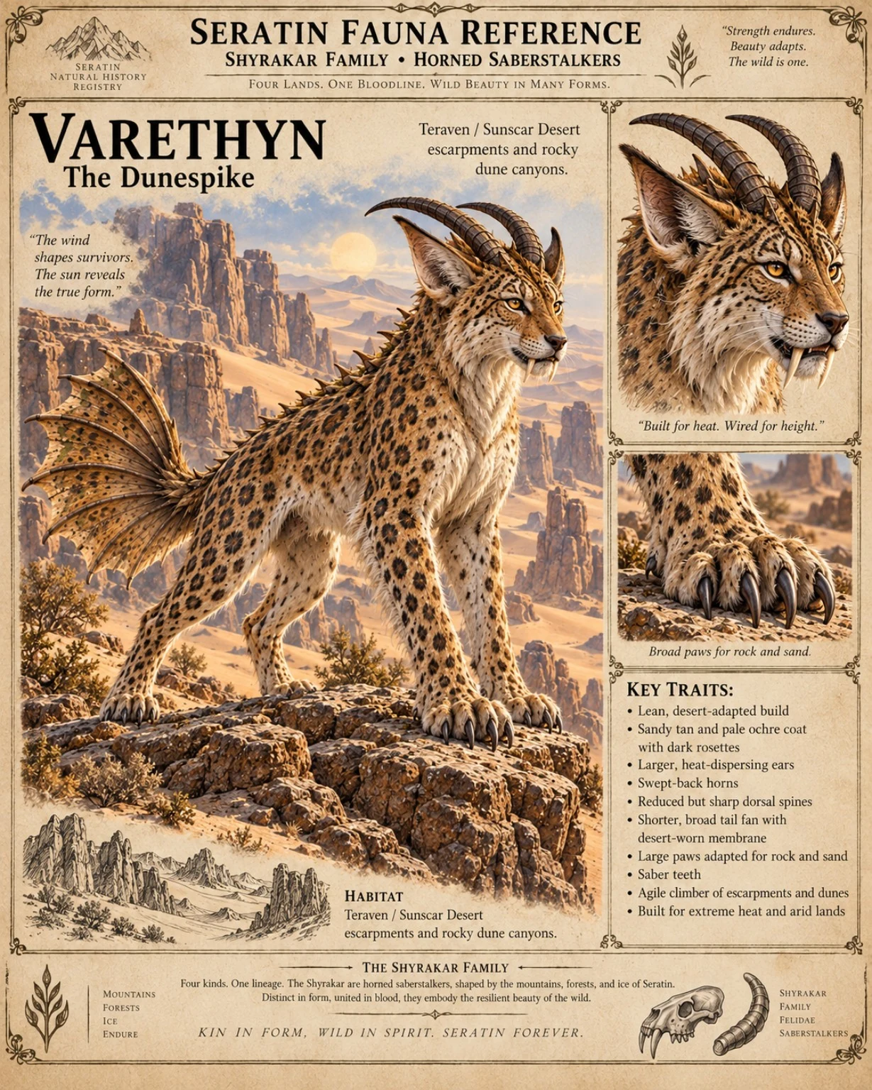 Fauna reference plate showing the spotted, horned Varethyn in a desert canyon, with head, paw, tail, and habitat studies.