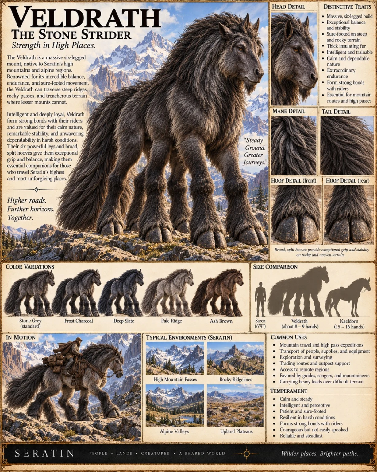Reference plate showing the shaggy Veldrath with heavy claws, head studies, coat variations, mountain habitats, and scale comparisons.