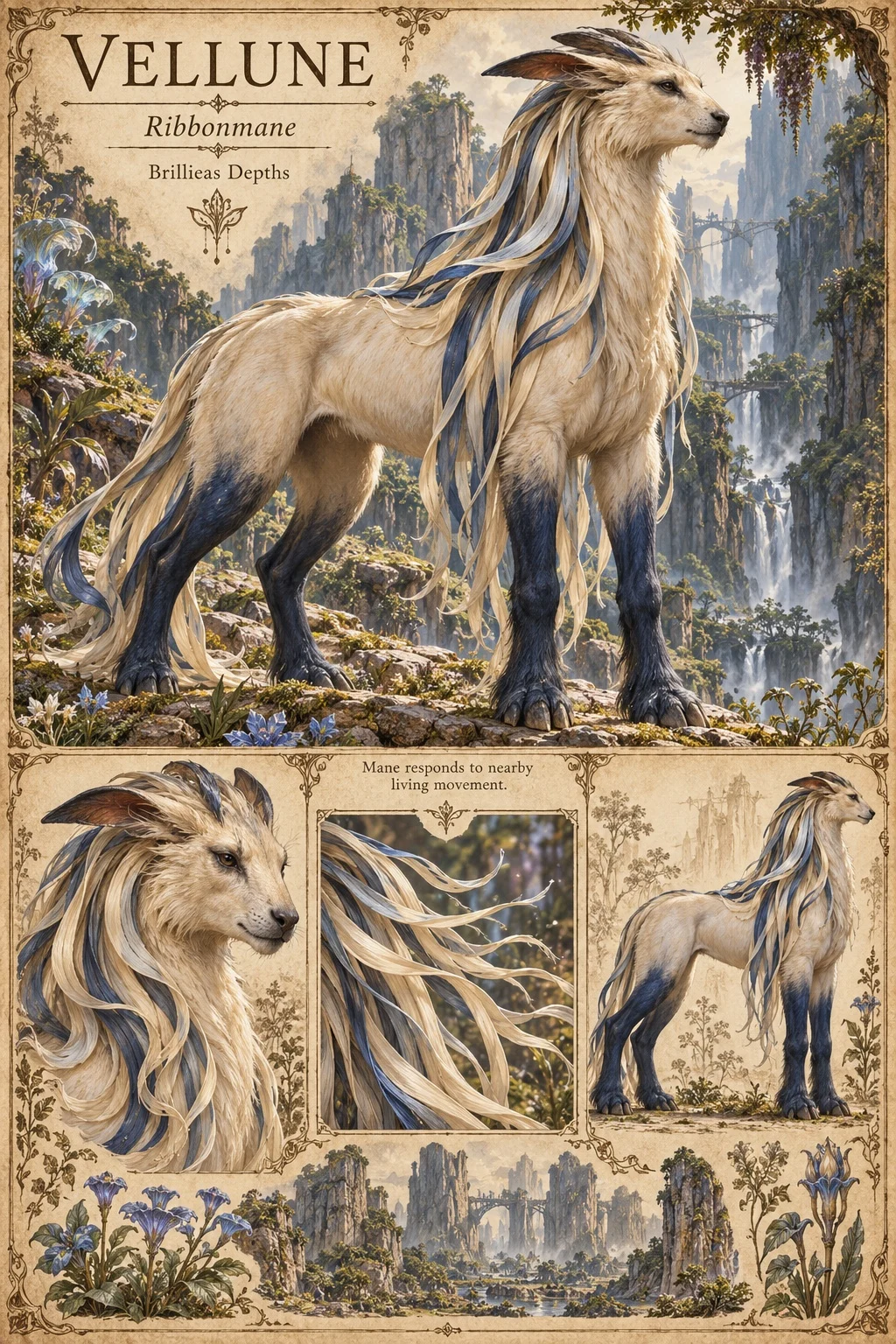 Vellune, a cream-coated, dark-legged animal of the Brillieas Depths with a long mane of cream and indigo ribbons, stands on a rocky ledge before cliffs, bridges and waterfalls. Studies show its head, a close-up of its ribbon mane, a side view, and its cliff habitat. Its mane responds to nearby living movement.