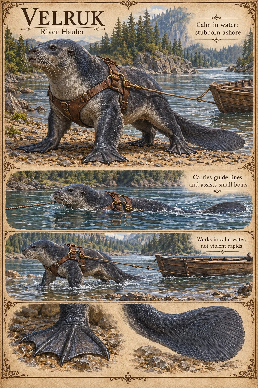 Velruk, a sleek, grey, seal-like amphibian in a leather harness, hauls a wooden boat on a rocky riverbank, with studies of it swimming with a guide line, towing a boat in shallow water, and its webbed foot and broad tail. Calm in water but stubborn ashore; it works in calm water, not violent rapids.