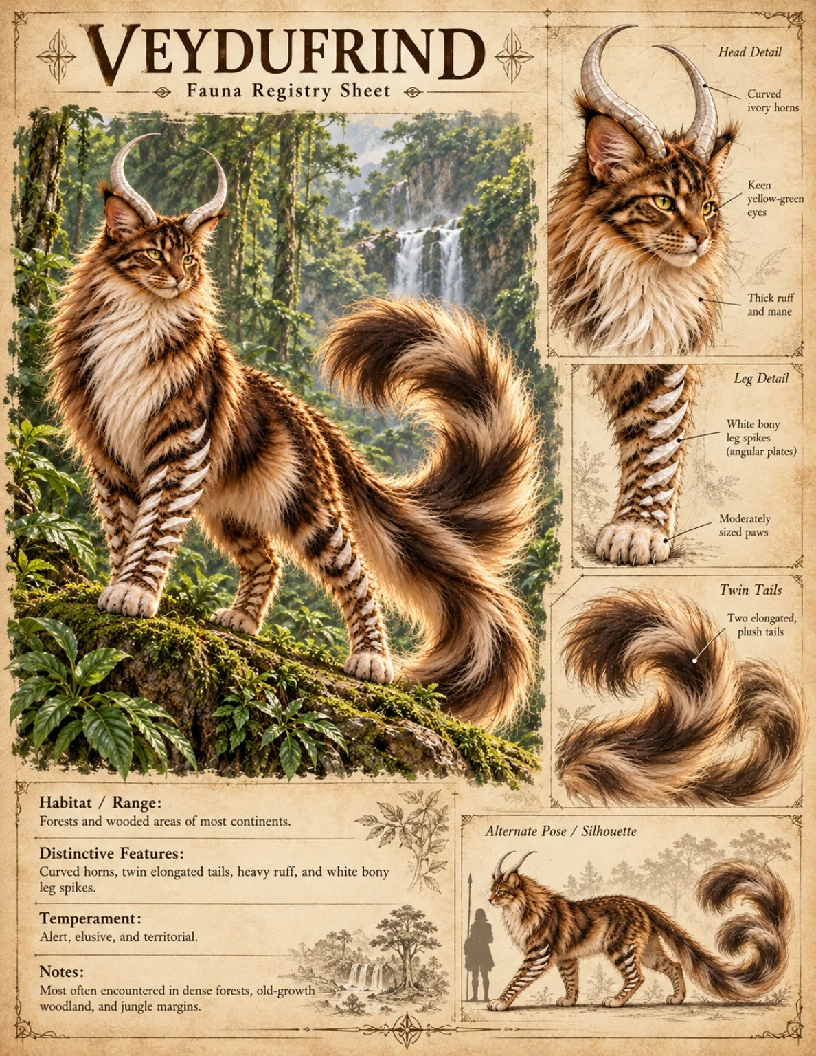 Fauna reference plate showing the horned, twin-tailed Veydufrind in a forest, with head and leg details and a silhouette study.