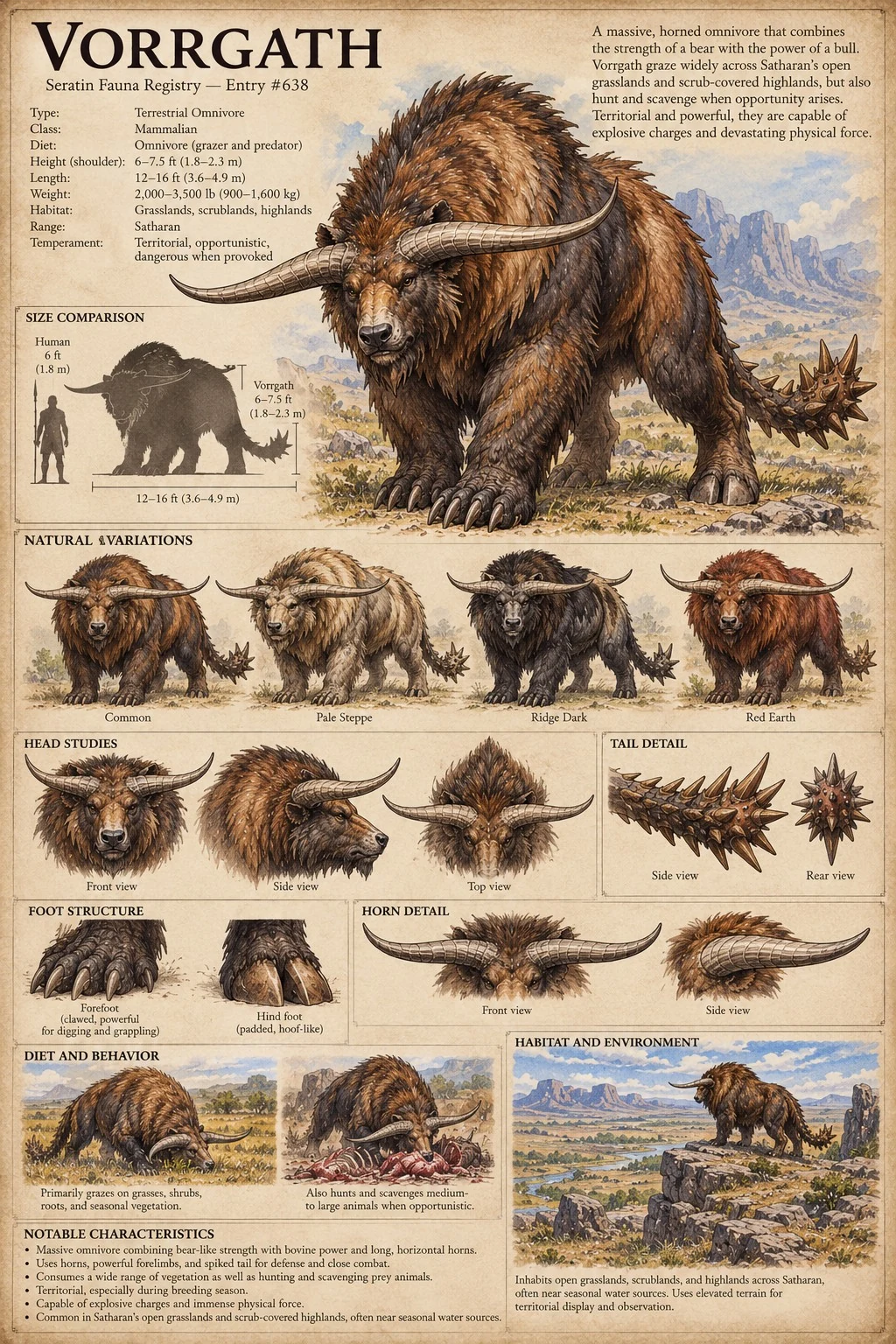 Fauna reference plate showing the shaggy, horned Vorrgath, with coat variations, head and foot studies, and a spiked tail.