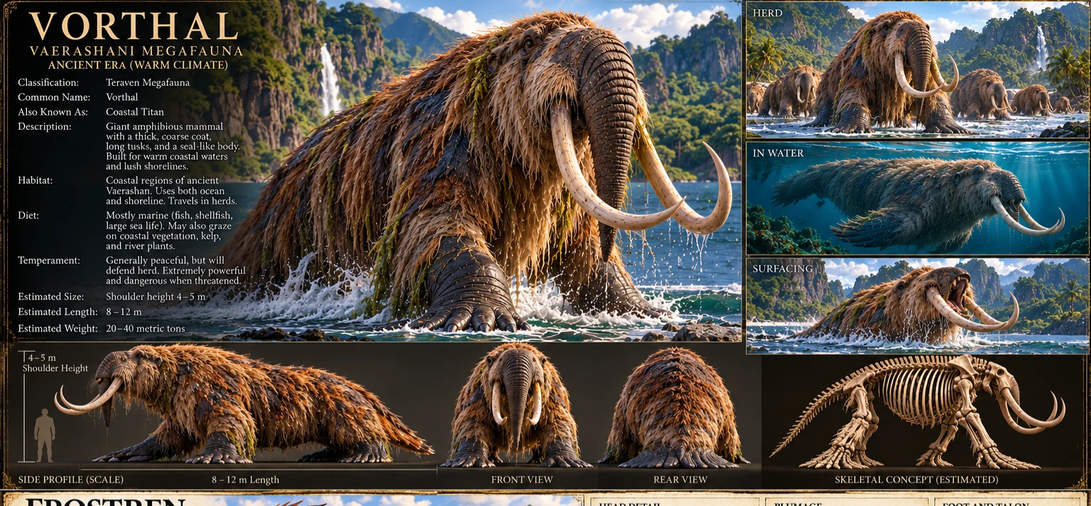Reference plate showing a brown-coated Vorthal with long curved tusks, swimming studies, a skeleton, and forested mountain habitats.