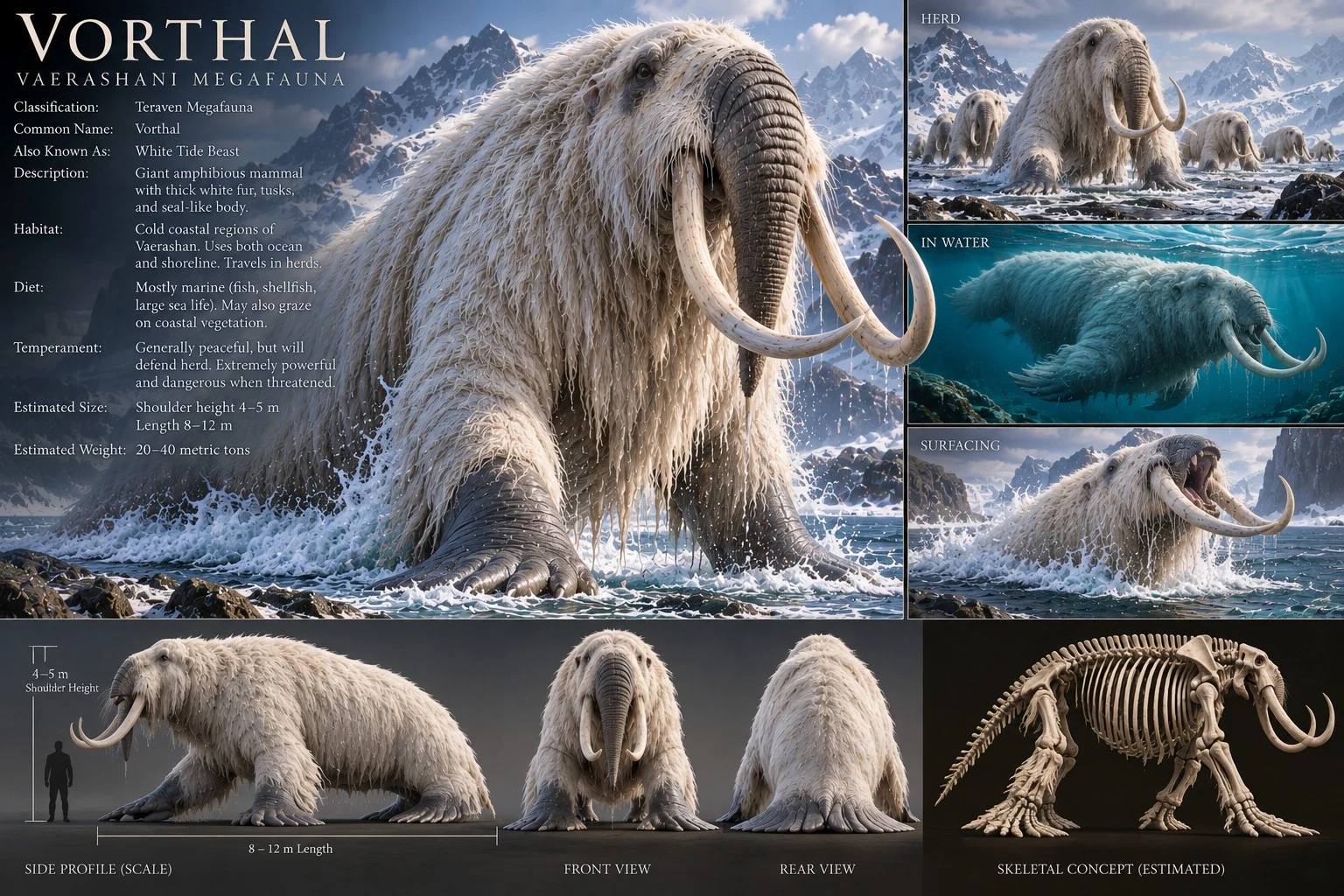 Reference plate showing a white-coated Vorthal with long curved tusks, swimming studies, a skeleton, and snowy mountain habitats.