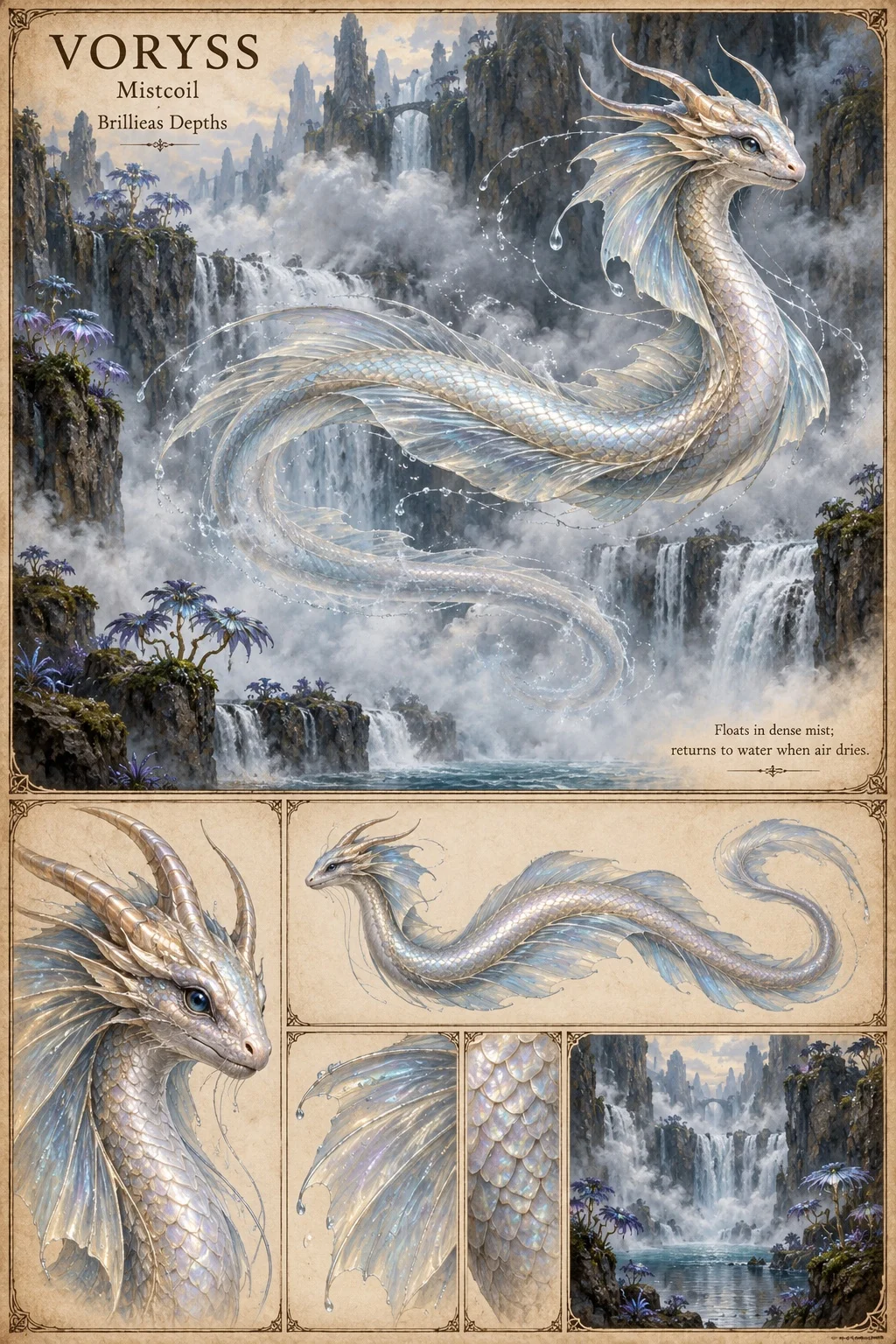 Voryss, a long, serpentine, pearl-scaled creature of the Brillieas Depths with swept-back horns and translucent, fin-like frills, coils through the mist of a great waterfall. Studies show its head, its full length, a frill, its scales and its waterfall habitat. It floats in dense mist and returns to water when the air dries.