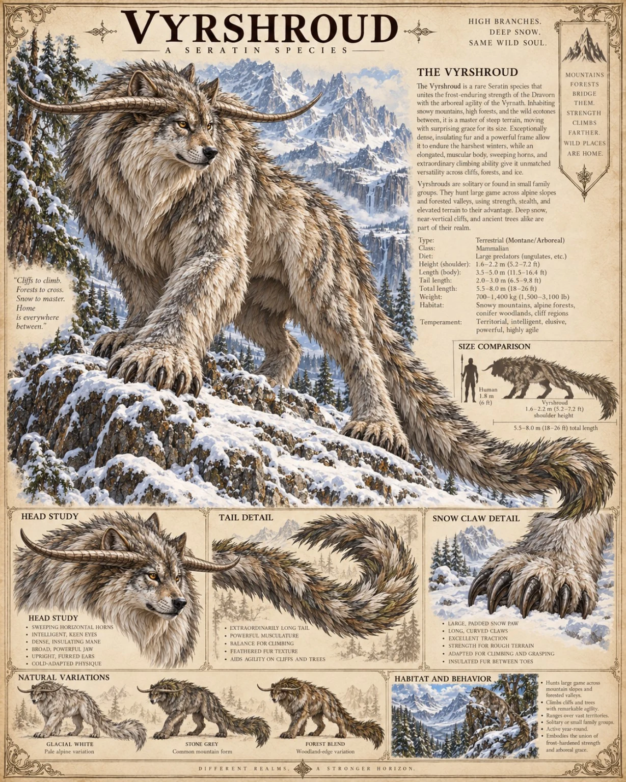 Fauna reference plate showing a pale, shaggy Vyrshroud stands on a snowy mountain ledge, with head, paw, tail, and size studies.