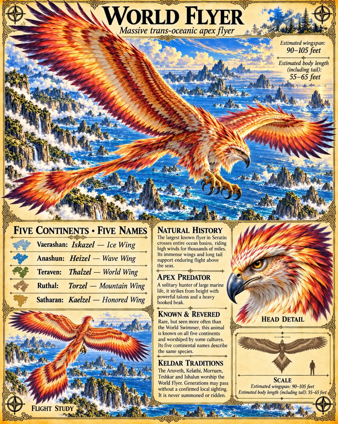 Reference sheet showing the World Flyer, a massive red and gold trans-oceanic flyer, soaring over island seas, with its five continental names, natural history notes, a head detail, a flight study, and a scale comparison.