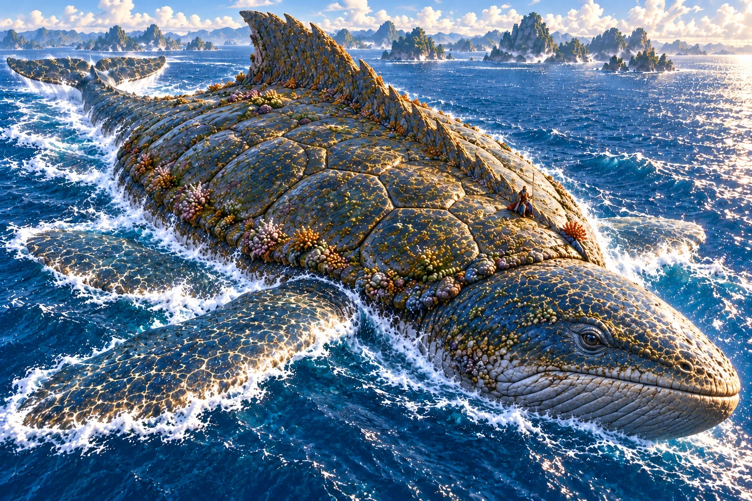 A colossal sea creature with long fins, a domed shell, and a tall dorsal ridge swims among rocky islands, with coral growing across its back and a small figure seated above its head.