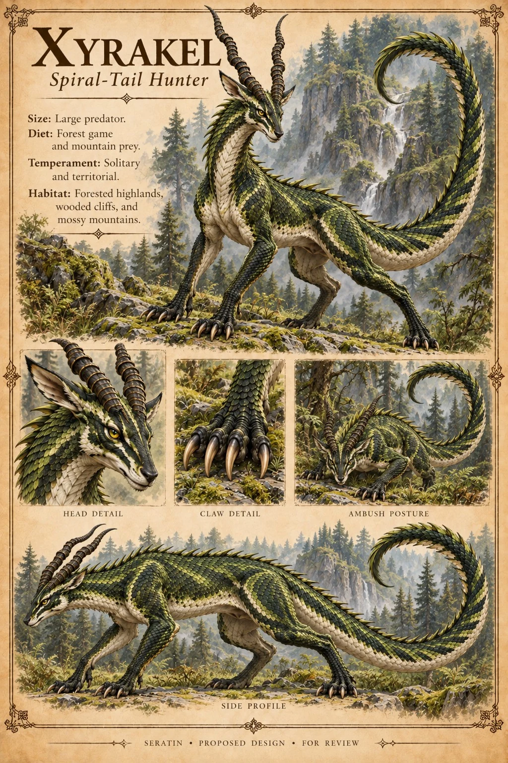 Fauna reference plate showing the green, spiral-tailed Xyrakel in a forest, with head and claw details and an ambush pose.