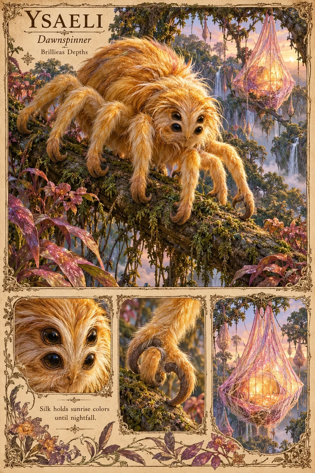 Ysaeli, a fluffy, golden, eight-legged spinner of the Brillieas Depths with large dark eyes and curved claws, crouches on a mossy branch beside a glowing, lantern-shaped silk nest in a misty forest at sunrise. Studies show its eyes, a clawed leg, and its rose-pink silk nests. Its silk holds sunrise colours until nightfall.