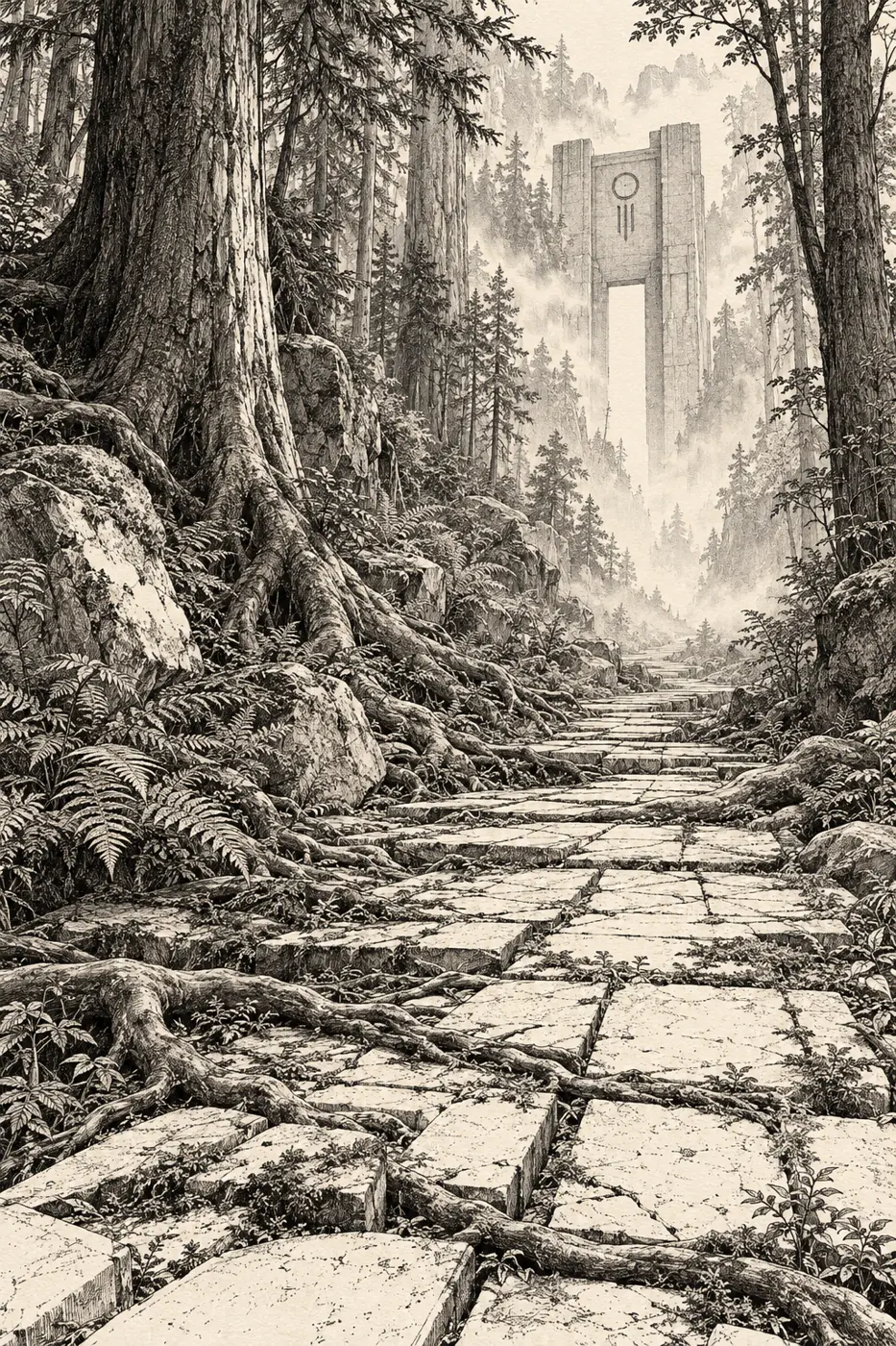 A stone path through dense northern forest leads to an ancient gate.