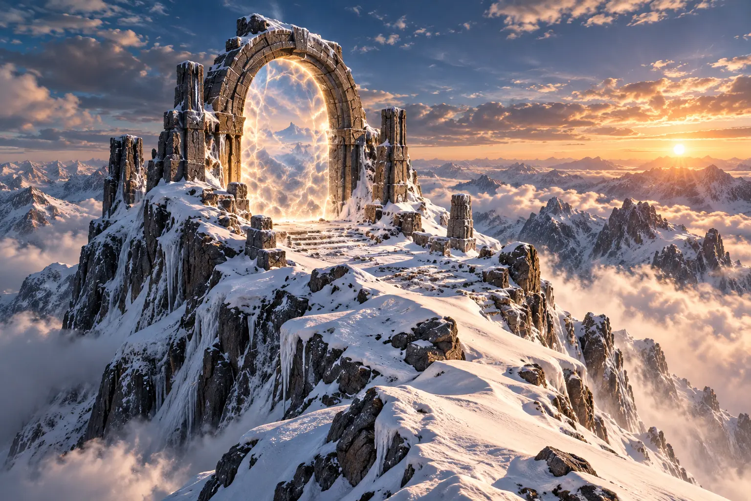 A luminous ancient gate crowns a snowy summit above clouds and mountain peaks at sunrise.