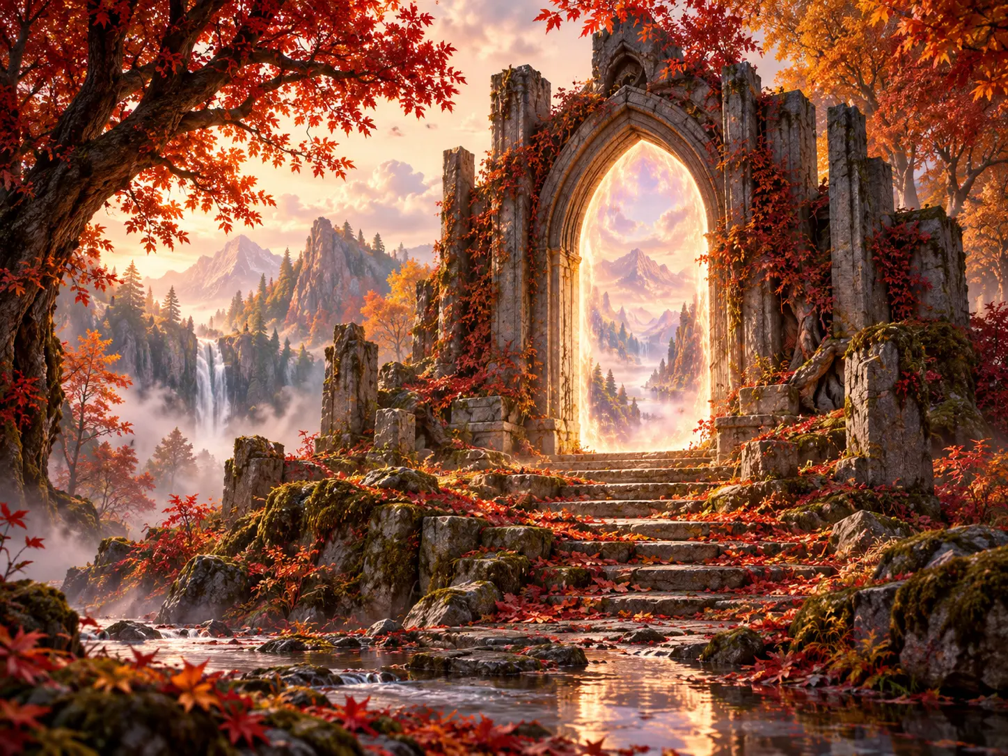 A glowing arched gate stands above stone steps amid red and gold autumn woods.