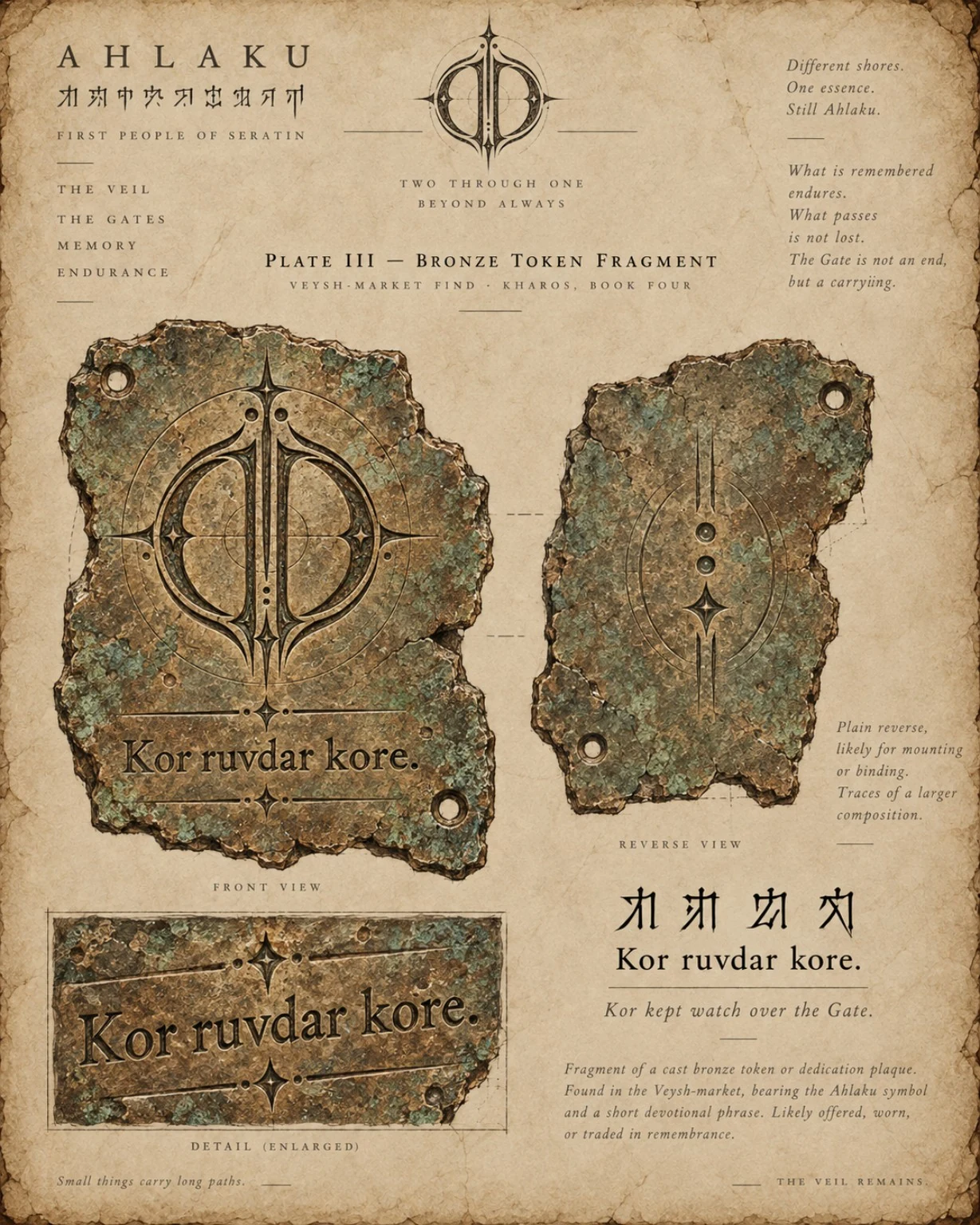 Archive plate showing broken bronze tokens, engraved circular emblems, and inscription details.