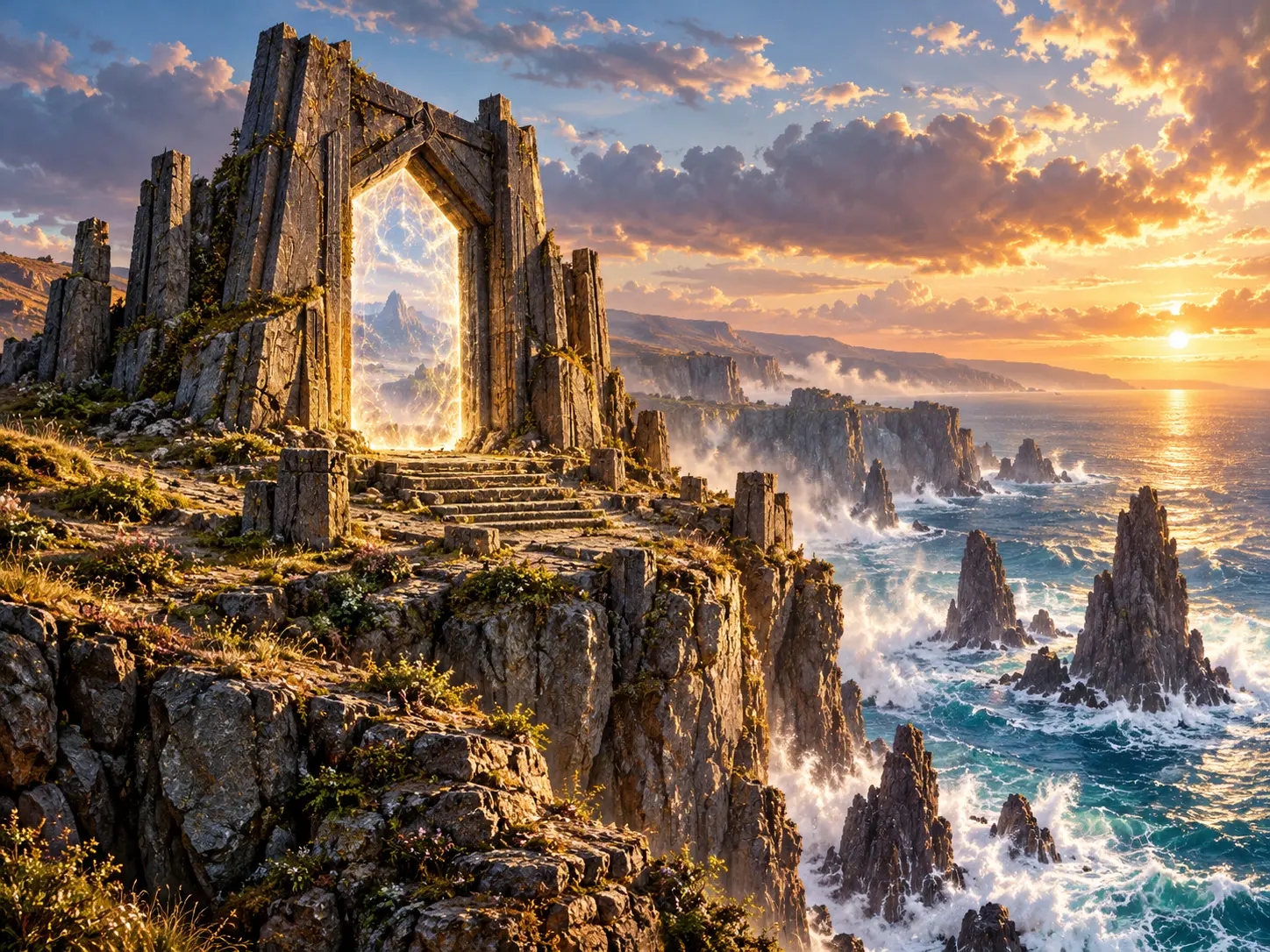A glowing stone gate rises on coastal cliffs above crashing waves at sunset.