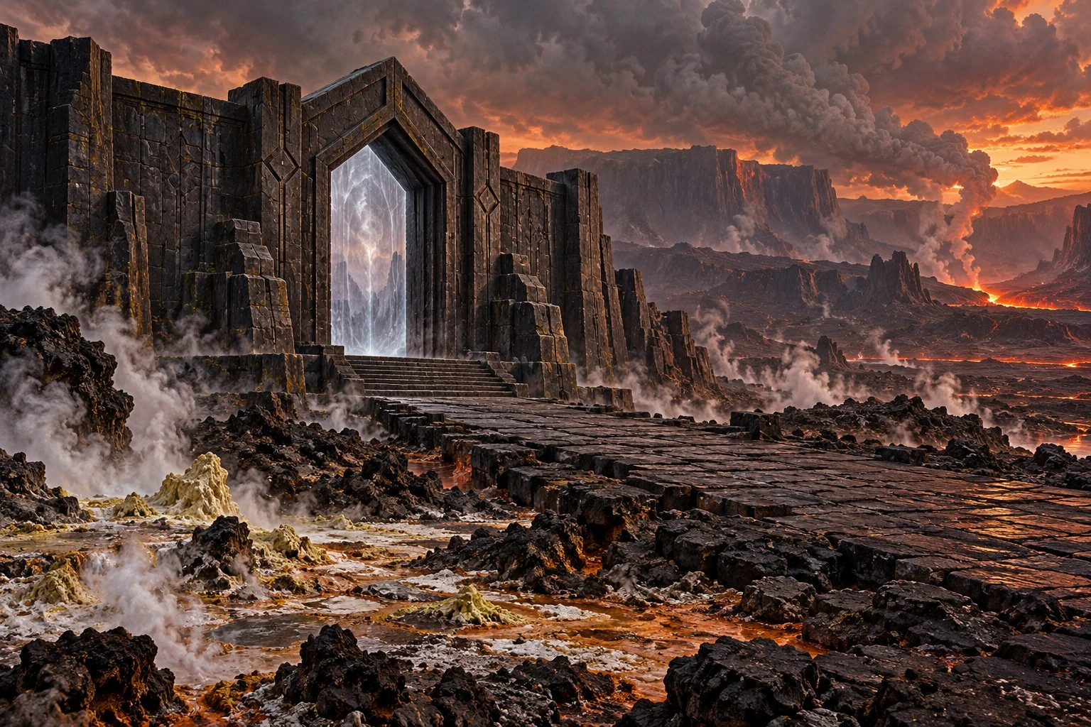 A glowing angular stone gate rises above black volcanic rock, steaming fissures, and distant rivers of lava.