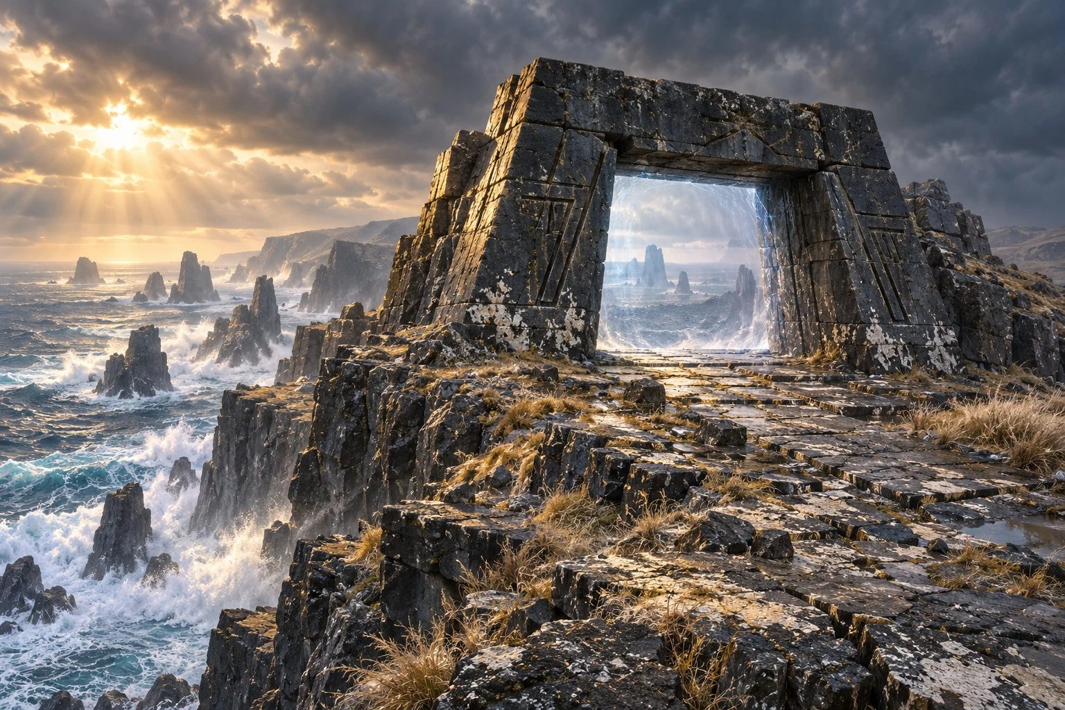 A massive sloping stone gateway stands above a rugged coast, with a glowing portal, crashing waves, and sunlight breaking through storm clouds.