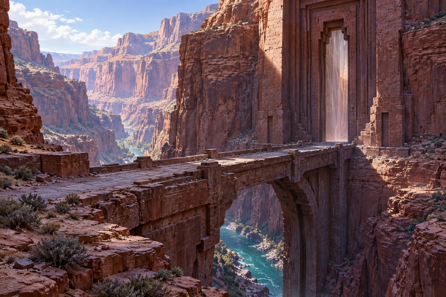 A narrow stone bridge crosses a deep red-rock canyon to a glowing rectangular gate carved into the cliff.