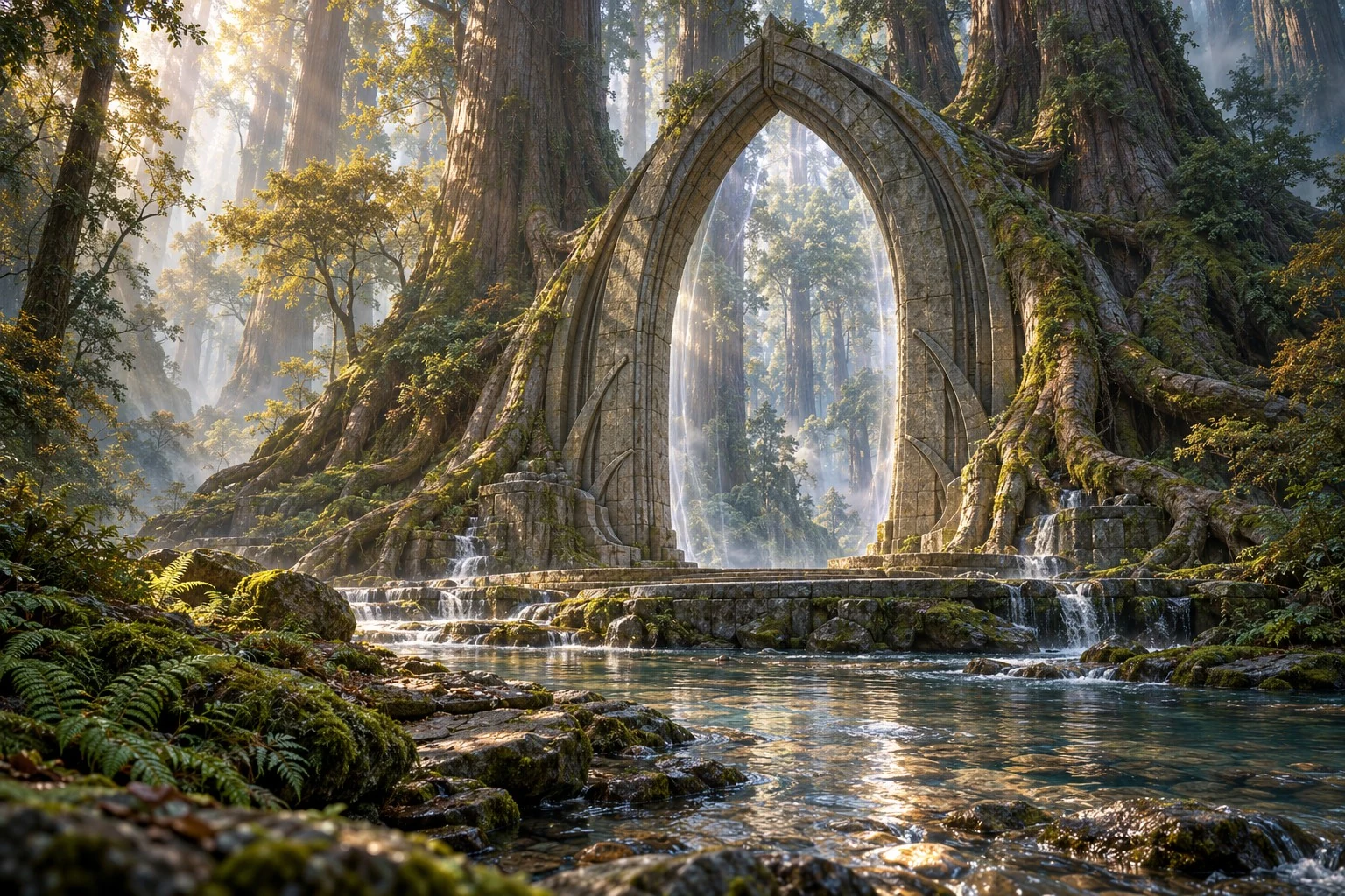 A luminous pointed stone gate stands among moss-covered tree roots beside a clear forest pool and small waterfalls.