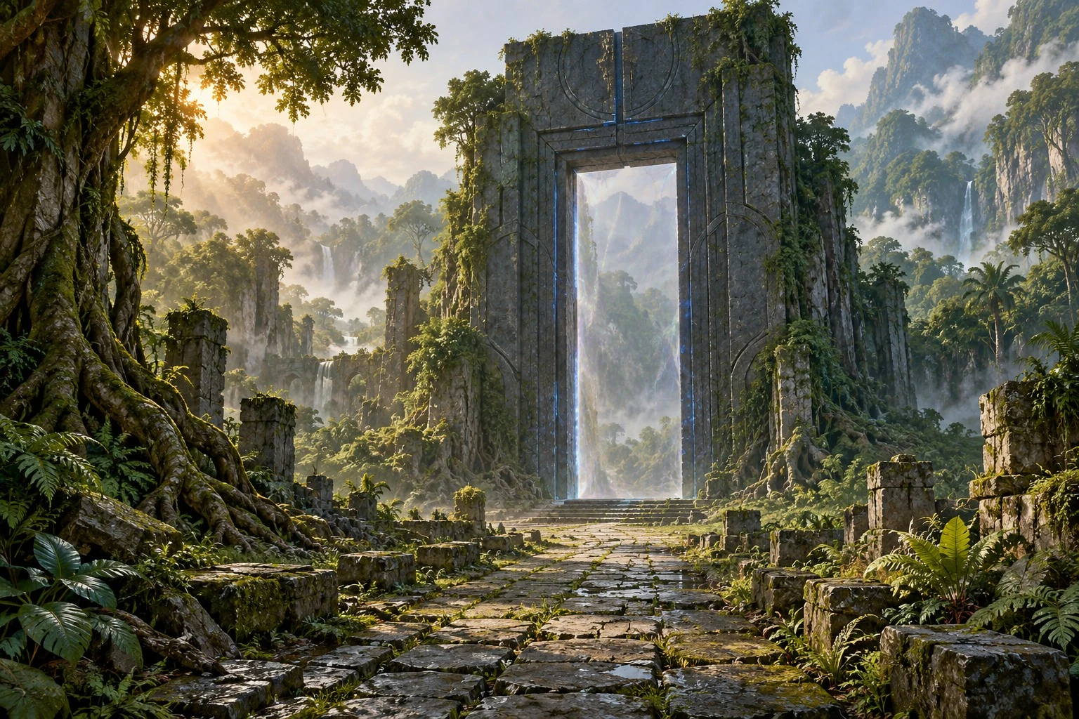 A glowing rectangular stone gate rises among vine-covered jungle ruins, with a weathered stone path and distant misty cliffs.