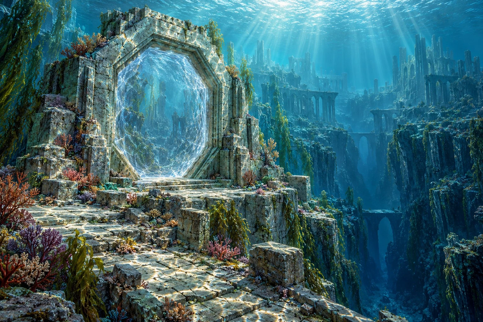 A luminous circular portal stands among underwater ruins, coral, and stone columns beneath shafts of sunlight.