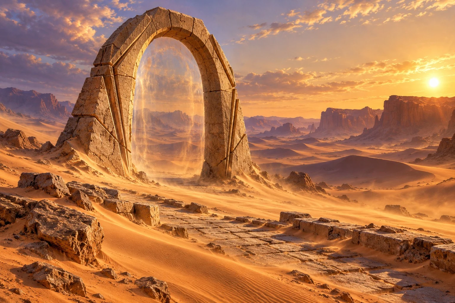 A tall arched stone gate glows above golden dunes and rocky desert mesas at sunset.