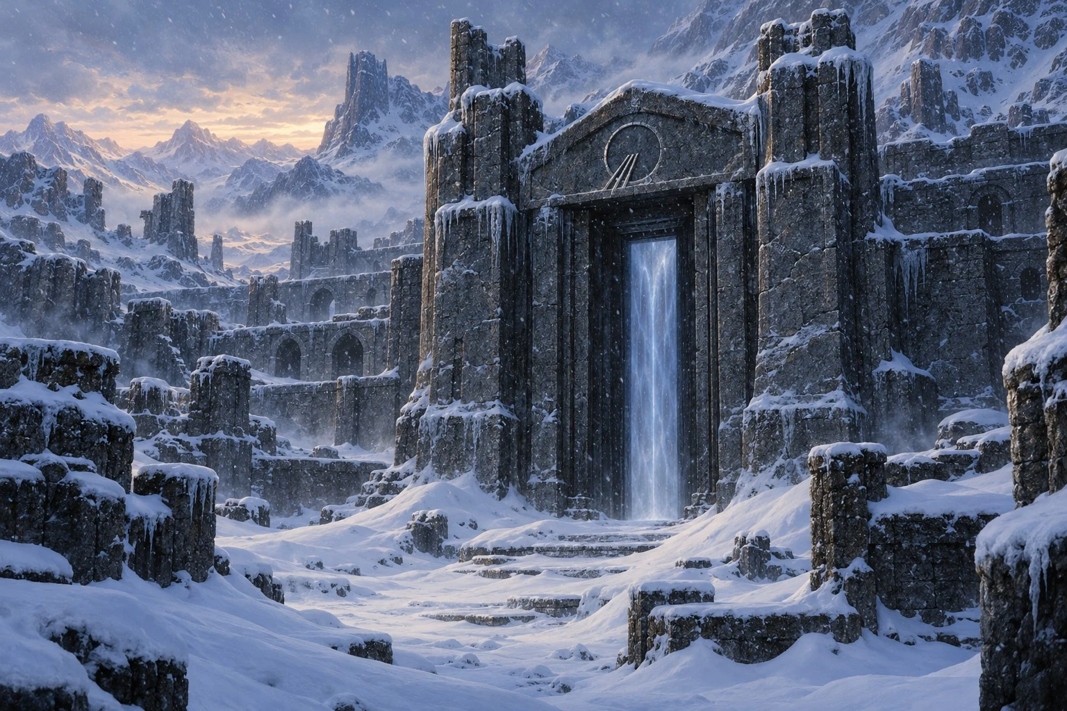 A pale blue portal glows within a massive stone gateway surrounded by snow-covered cliffs and mountain ruins.