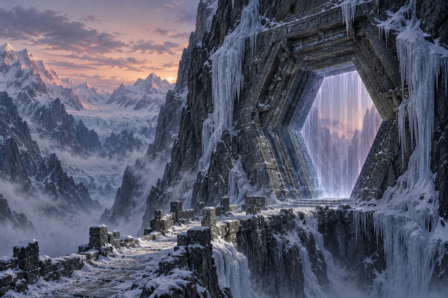 A glowing hexagonal stone portal is carved into an icy mountain cliff above a narrow snow-covered path and a mist-filled alpine valley.
