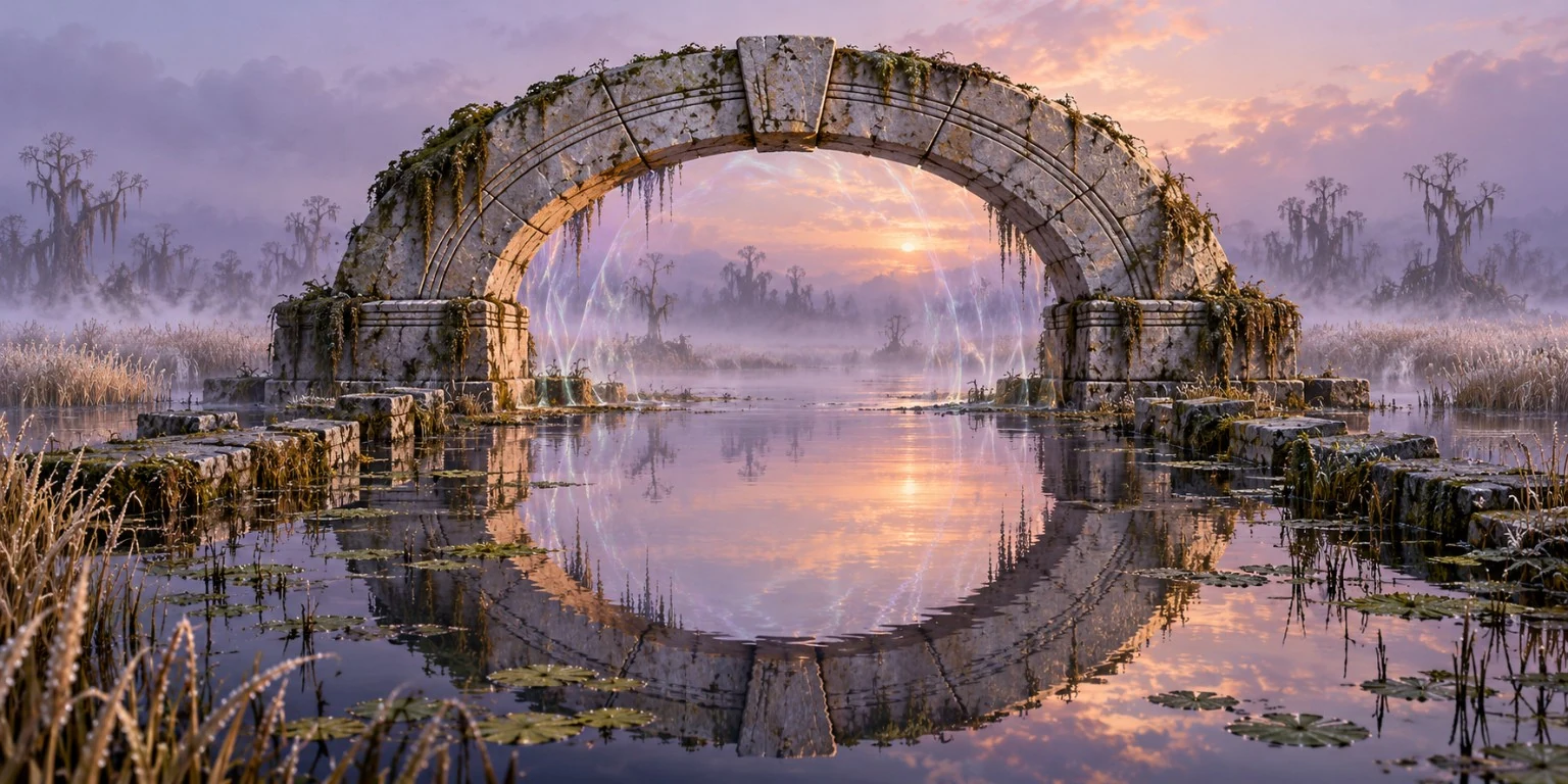 A weathered circular stone gate reflects in still marsh water amid reeds and mist at sunset.