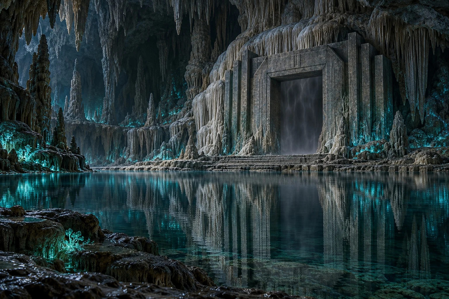 A rectangular stone gate stands beside a still underground lake beneath stalactites and blue-green cavern light.