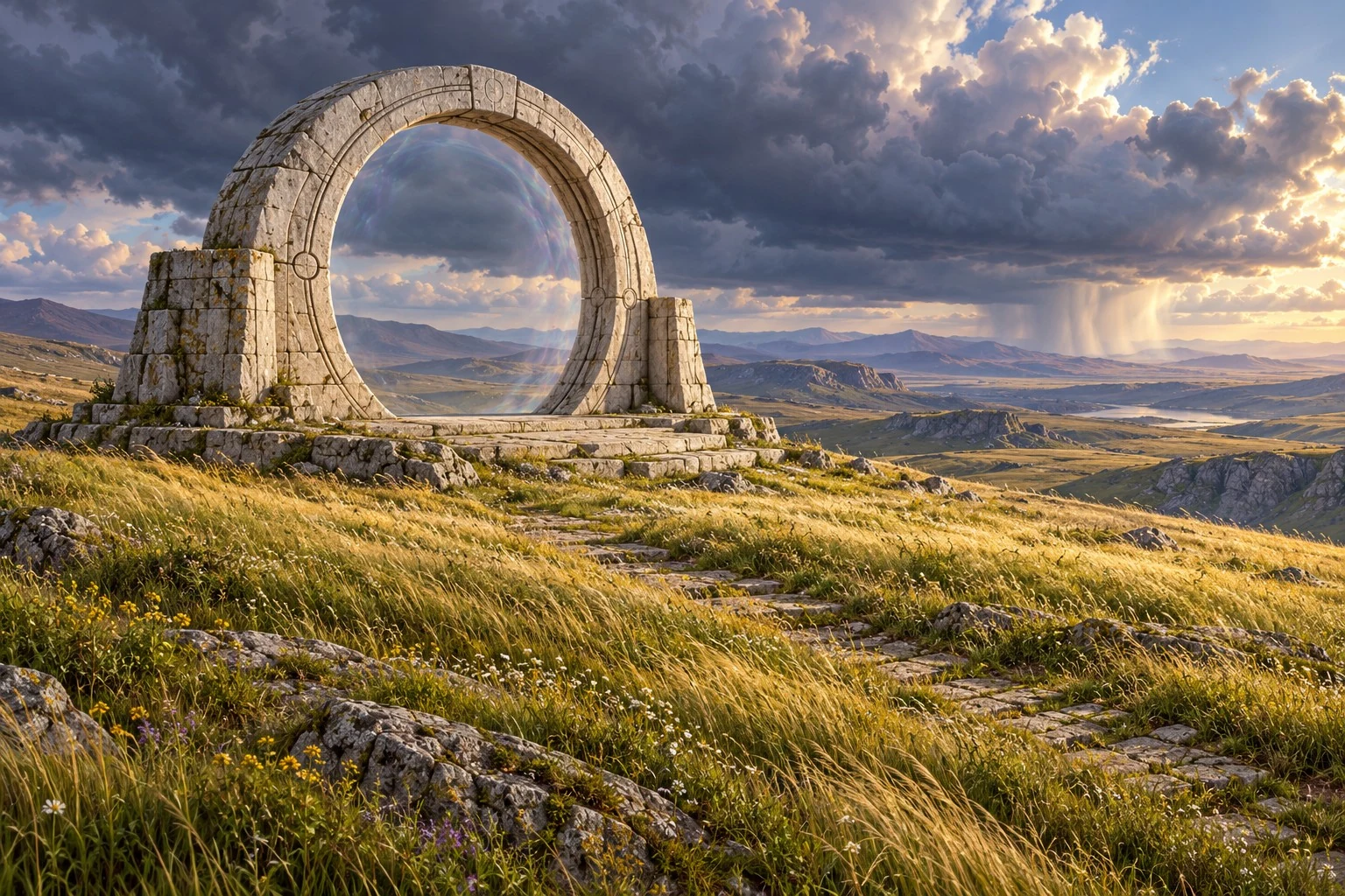An ancient circular stone gate stands on a windswept grassy plain beneath dramatic clouds and shafts of sunlight.
