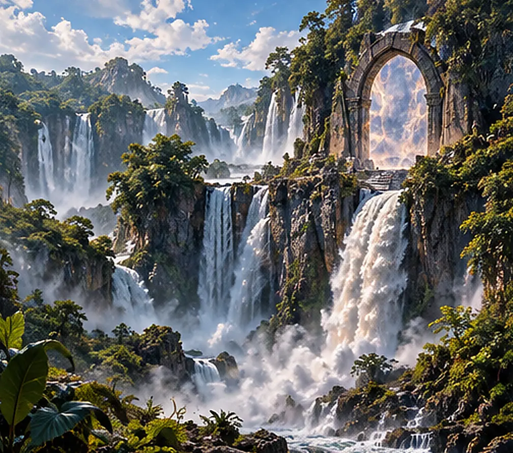 A luminous gate rises above great waterfalls cascading through a lush rocky valley.